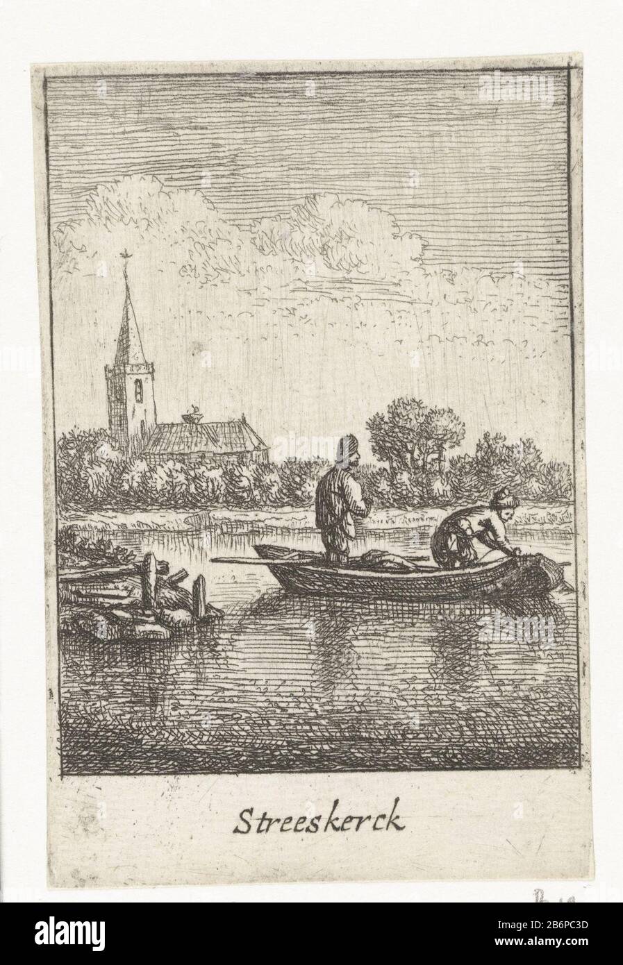 Gezicht op Streefkerk Streeskerck (titel op object) Nederlandse dorpsgezichten (serietitel) View Streeskerck from the water. Where: apparently refers here to the place Streefkerk and there is a mistake in the transcription of the f and s. Print out a series of twelve villages of Dutch places near Utrecht boats voorgrond. Manufacturer : printmaker Jan van Almelo Veen to design Herman SaftlevenPlaats manufacture: Netherlands Date: 1662 - 1683 Physical features: etching material: paper Technique: etching Dimensions: leaf : h × 85 mm b 55 mm Subject: village where streefkerk Stock Photo