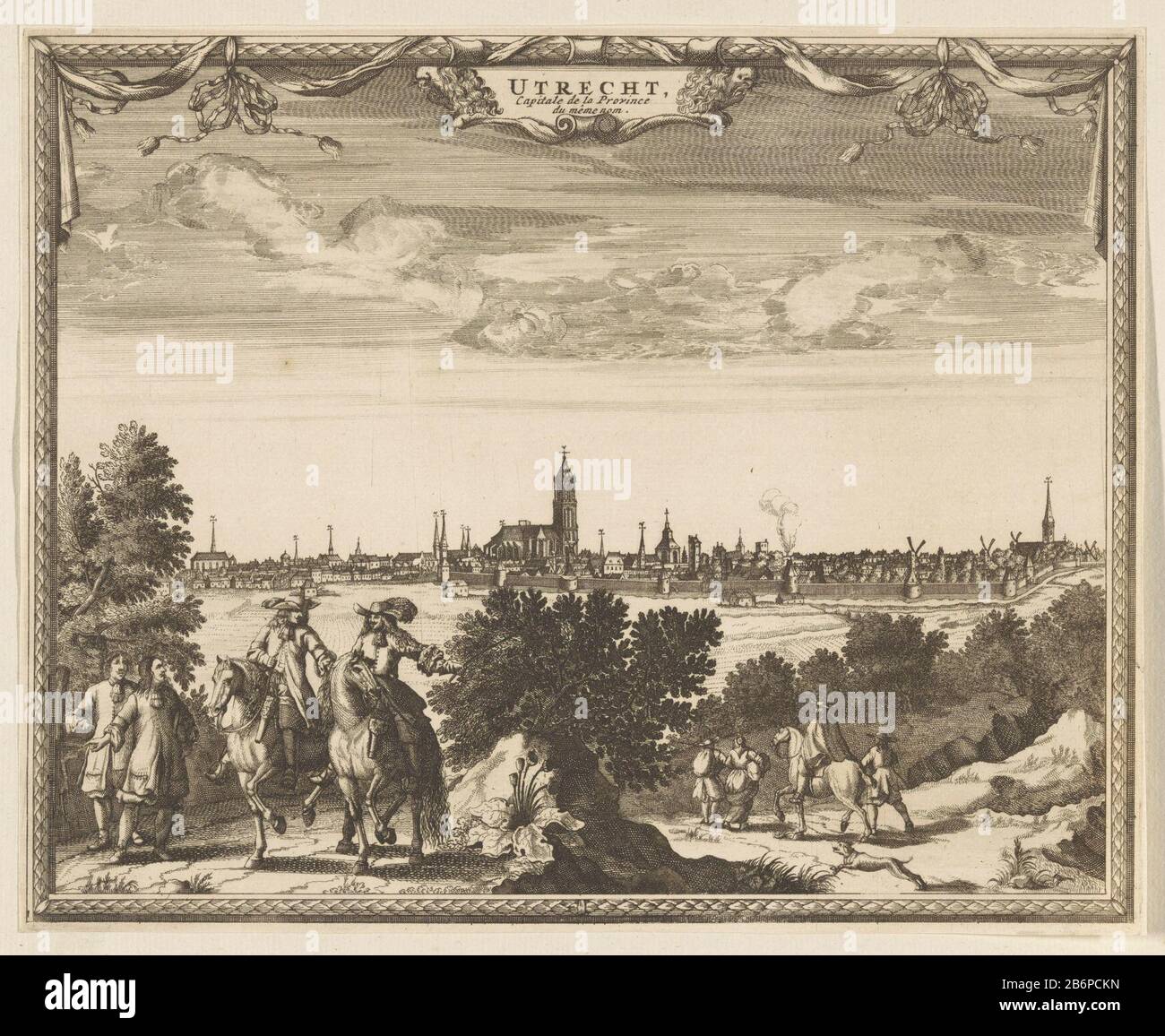 View the city of Utrecht in the foreground some riders and wandelaars.  Manufacturer : printmaker: anonymous publisher Pieter van der Aa (I)  (possible) publisher: Covens & Mortier (possible) Place manufacture:  Publisher: Leiden
