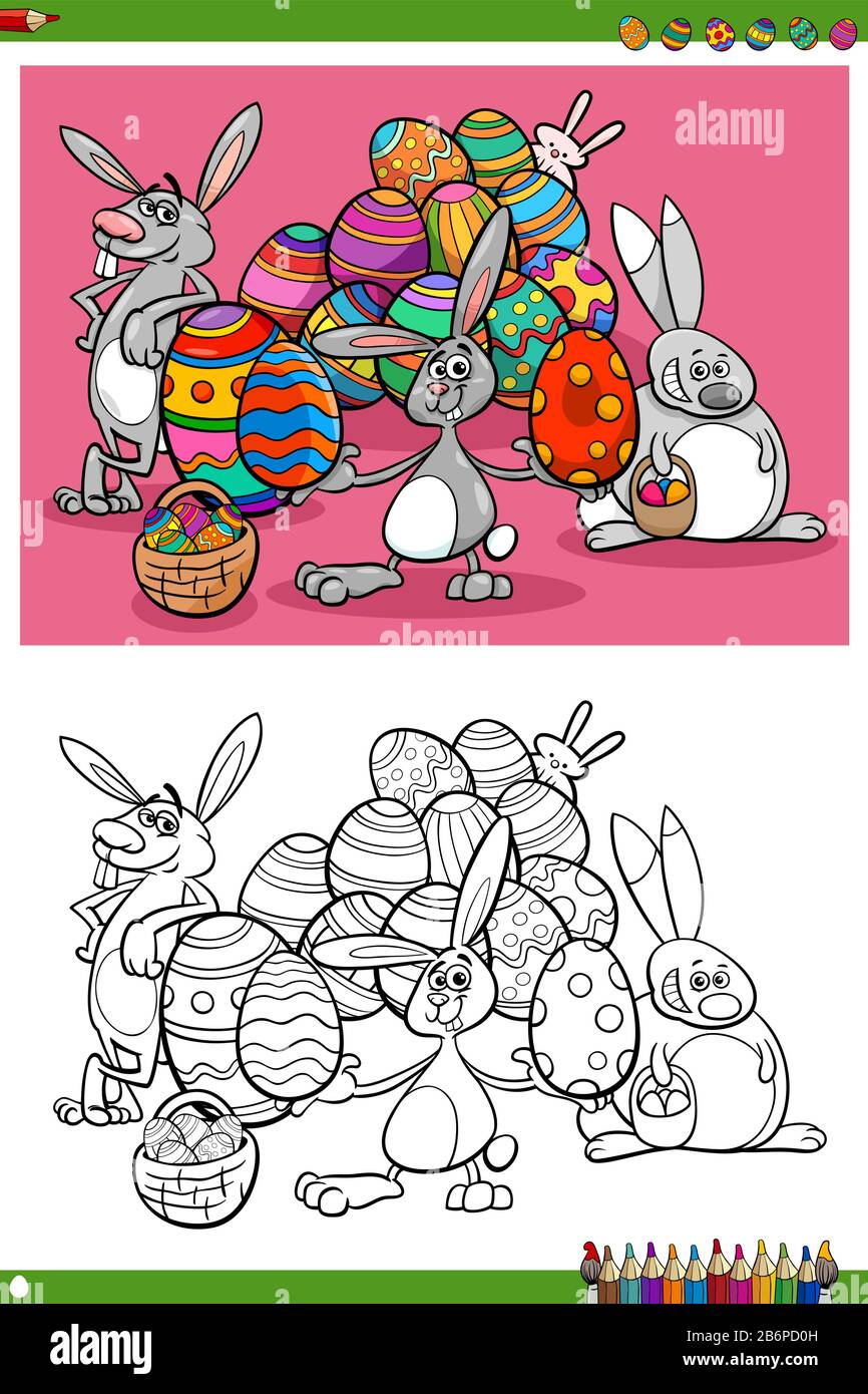 Cartoon Illustrations of Easter Bunnies Holiday Characters with Eggs Coloring Book Page Stock Vector
