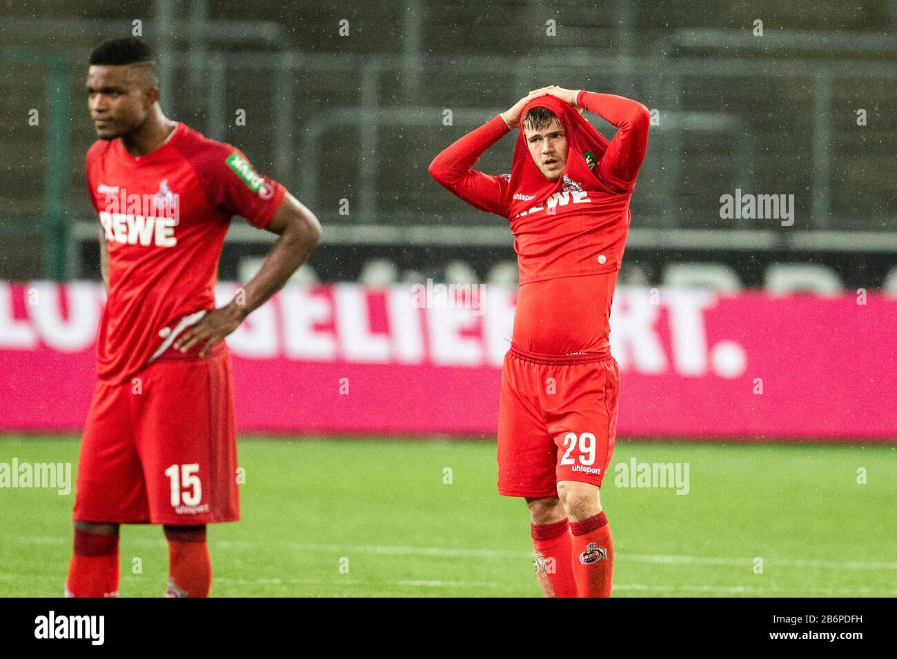 Monchengladach, Germany. 11th Mar, 2020. Jan Thielmann of Koeln (R) disappointed after the Bundesliga match Borussia Mönchengladbach vs. 1.FC Köln in the season 2019/2020 (Geisterspiel, ghost game, coronavirus) DFL regulations prohibit any use of photographs as image sequences and/or quasi-video. Credit: Mika Volkmann/Alamy Live News Stock Photo