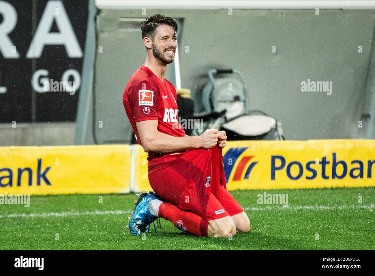 Monchengladach, Germany. 11th Mar, 2020. Mark Uth of Koeln disappointed after the Bundesliga match Borussia Mönchengladbach vs. 1.FC Köln in the season 2019/2020 (Geisterspiel, ghost game, coronavirus) DFL regulations prohibit any use of photographs as image sequences and/or quasi-video. Credit: Mika Volkmann/Alamy Live News Stock Photo