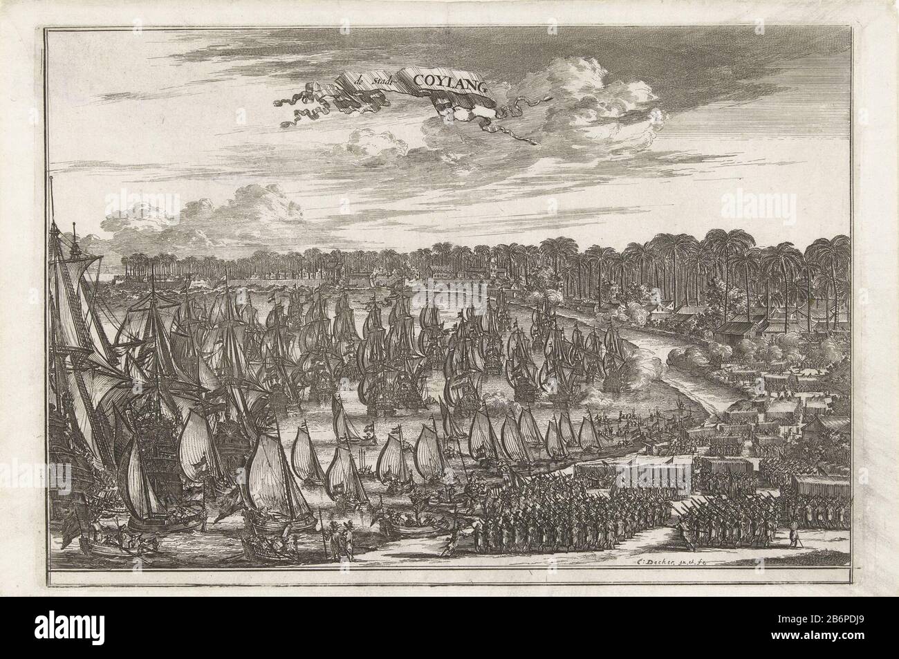 Gezicht op baai van Quilon met schepen De stadt Coylang (titel op object) View of the bay Quilon (Coylang) with ships on the shore stand troops soldaten. Manufacturer : printmaker: Coenraet Decker (listed building) in its design: Coenraet Decker (listed building) Publisher: Jacob van Meurs Publisher: Joannes van Someren Place manufacture: Amsterdam Dating : 1676 Physical features: etching material: paper Technique: etching dimensions: plate edge: h 200 mm × W 293 mmToelichtingPrent used as book illustration for Wouter Schouten, Indian voyagie: vervattende many major events and unusually strang Stock Photo