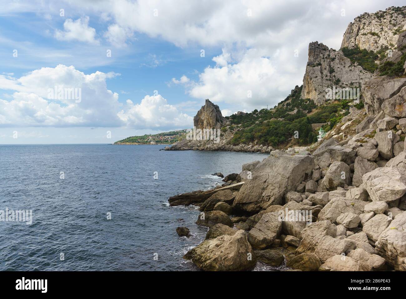 Southern coast of Crimea on a Sunny day. Rocks and mountain Cat in the village Simeiz, Yalta. Calm Stock Photo