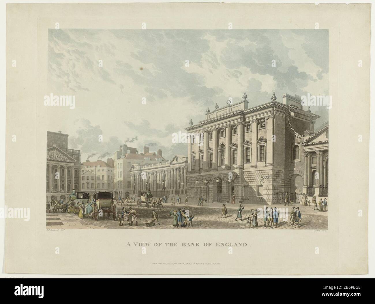 Gezicht op de Bank of England, Londen A view of the Bank of England (titel op object) Colorized aquatint with sight on London in the original list. Manufacture creator: printmaker Daniel Havell (listed property) to drawing: Thomas Hosmer Shepherd (listed building) publisher Rudolph Ackermann (listed property) Place manufacture: printmaker: England Publisher: London Date: Aug 1 1816 Physical features: etching and aqua tint printed in color and hand colored material: paper ink watercolor Technique: aqua hue / etch / color / hand-color dimensions: h 438 mm × W 528 mm Subject: street (+ city (-sca Stock Photo