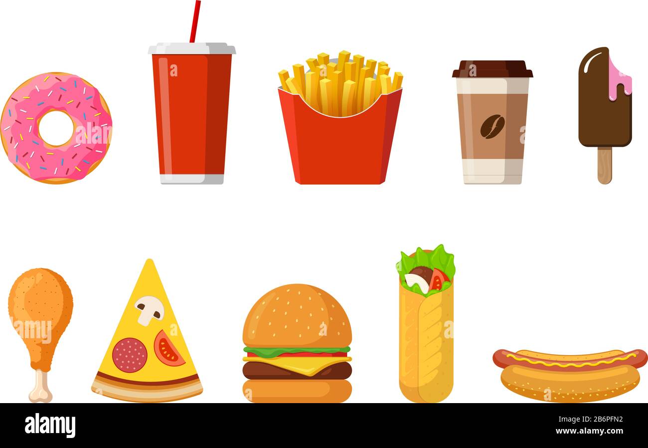 Fast sreet food lunch or breakfast meal set. Classic burger, french fries, fried crispy chicken leg, glazed donut, soft drink, coffee cup, ice cream, hot dog, pizza and shawarma. Vector illustration Stock Vector