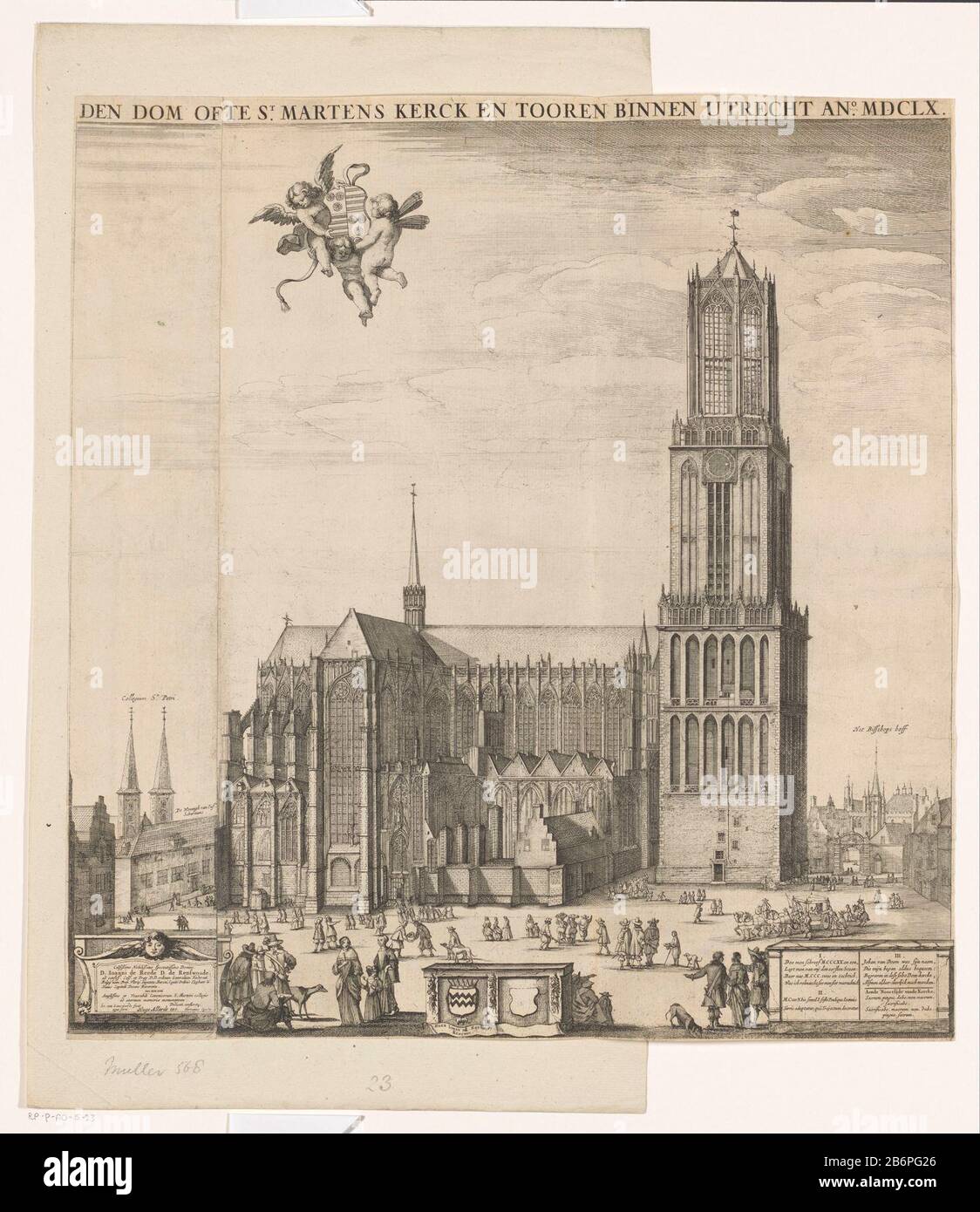Gezicht op de Dom te Utrecht in 1660 Den Dom ofte st Martens kerck en  tooren binnen Utrecht ano MDCLX (titel op object) View of the Cathedral of  Utrecht as it existed