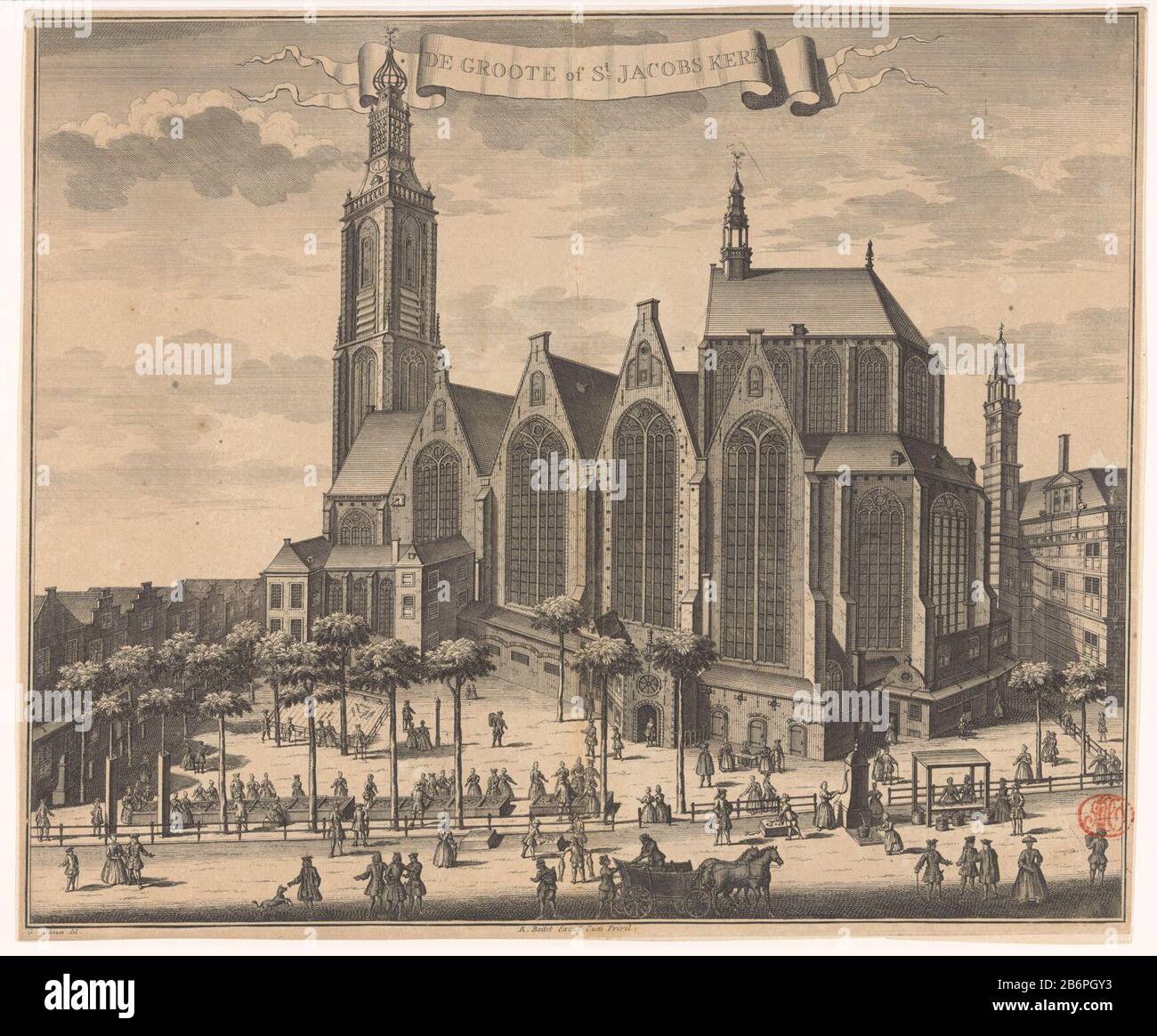 Gezicht op de Grote Kerk te Den Haag De Groote of St Jacobs kerk (titel op object) View of the Great Church, also known as St. James, in the Hague. Seen from the side of the Riviervismarkt. Church several stalls and figuren. Manufacturer : printmaker: anonymous to drawing: Gerrit van Giessen (listed building) publisher: Reinier Boitet (listed building) publisher: Adrianus Douci Pietersz Provider of privilege unknown (listed property) Place manufacture: to order of: The Hague Publisher: Delft Publisher: Amsterdam Date: 1730 - 1736 Material: paper Technique: etching / engra (printing process) Me Stock Photo