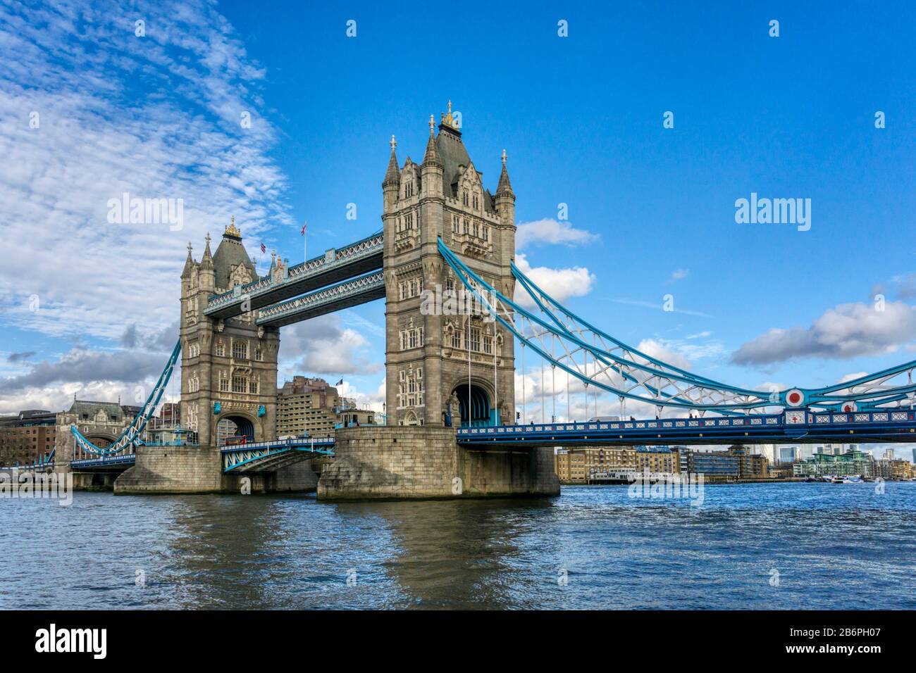 Tower Bridge seen from the south side of the River Thames. Stock Photo