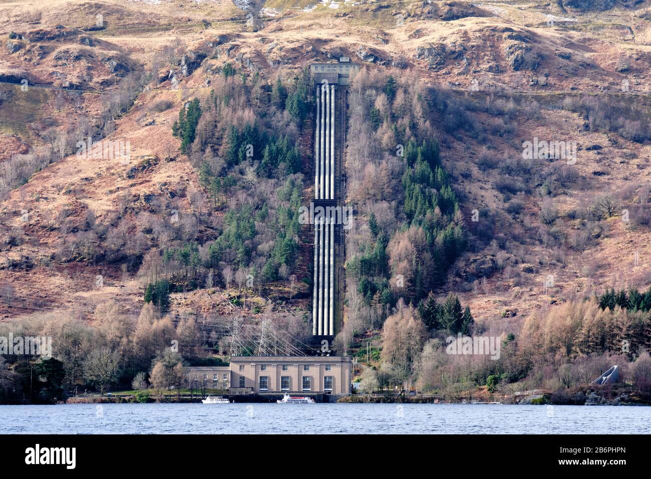 Sloy/Inveruglas Power Station, seen from Inversnaid, Loch Lomond, Scotland Stock Photo