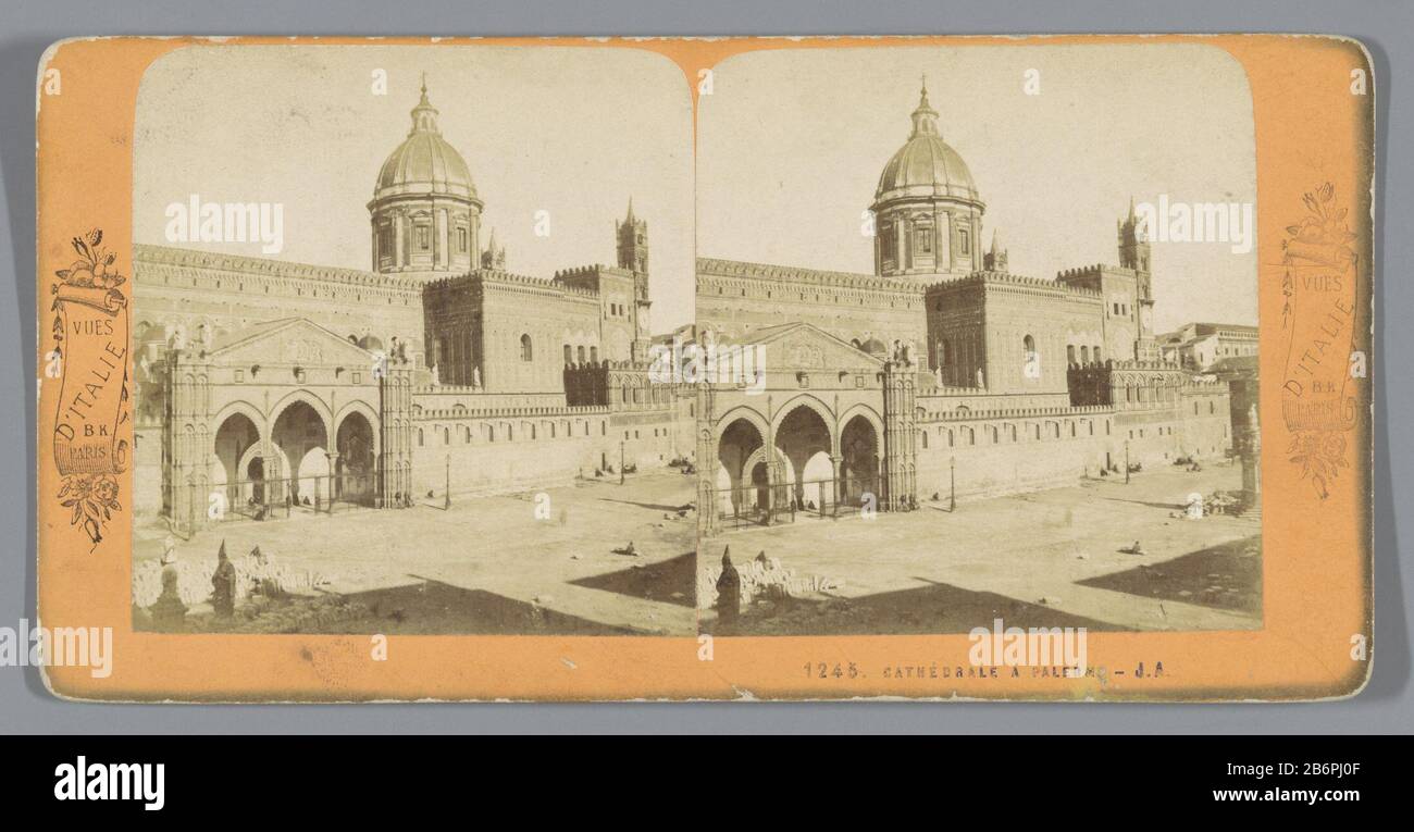 View of the Assumption Cathedral in PalermoCathédrale a Palermo (title object) Vues d'Italie (series title object) Property Type: Stereo picture Item number: RP-F F06909 Inscriptions / Brands: number, recto printed '1245' Manufacturer : photographer: Jean Andrieu (listed building) publisher: Adolphe Block (listed property) Place manufacture: photographer: Palermo Publisher: Paris Date: 1872 - 1876 Material: cardboard paper Technique: albumen print dimensions: secondary medium: h 88 mm × W 176 mm Subject: church (exterior) Where: Palermo Cathedral of Palermo Stock Photo