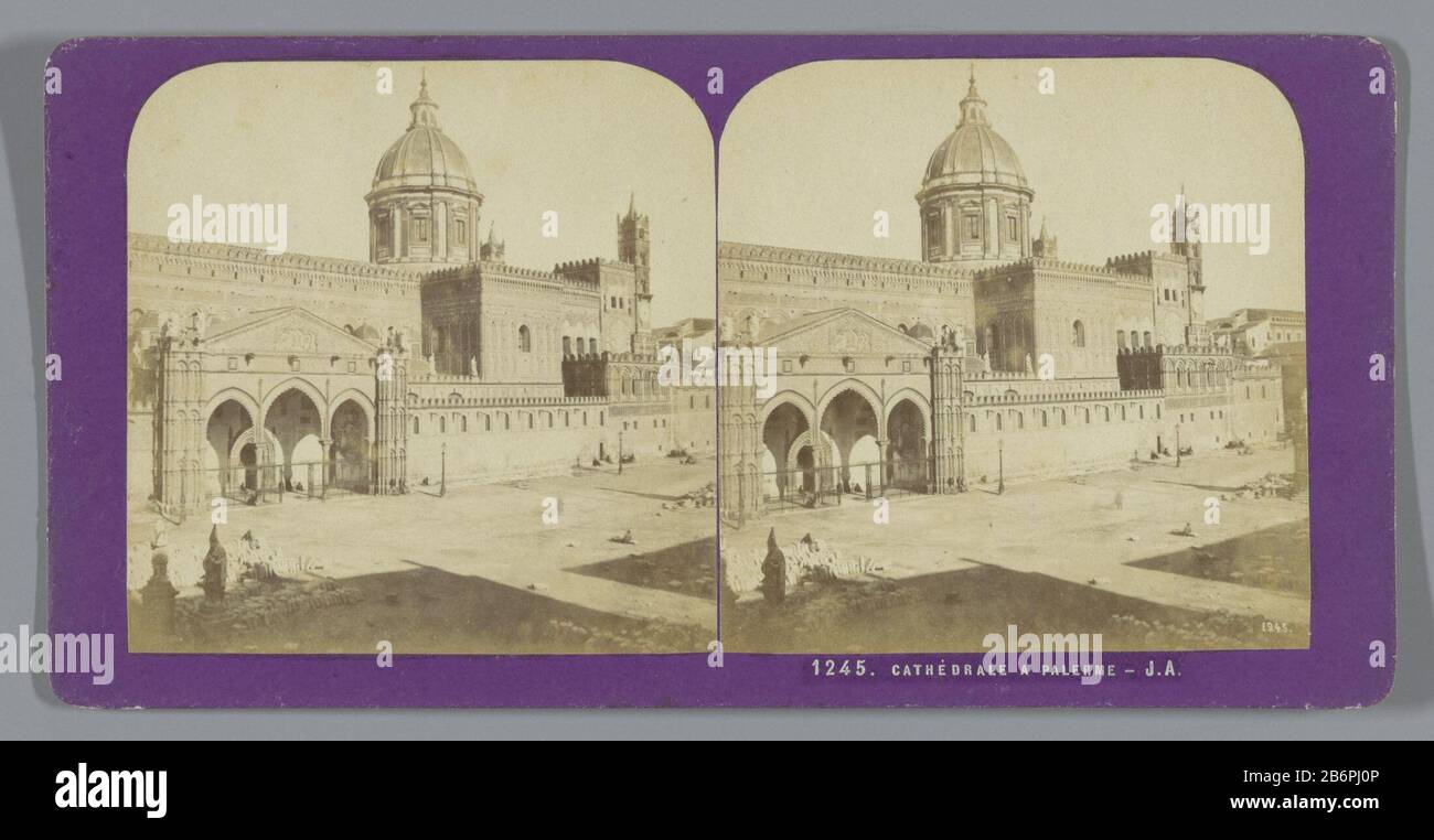View of the Cathedral of the Assumption to PalermoCathédrale a Palermo (title object) Property Type: Stereo picture Item number: RP-F F06910 Inscriptions / Brands: number, recto, printed: '1245' Manufacturer : photographer Jean Andrieu (listed property) Place manufacture: Palermo Date: 1862 - 1876 Material: cardboard paper Technique: albumen print dimensions: secondary medium: h 88 mm × W 176 mm Subject: church (exterior) Where: Cathedral of Palermo Stock Photo
