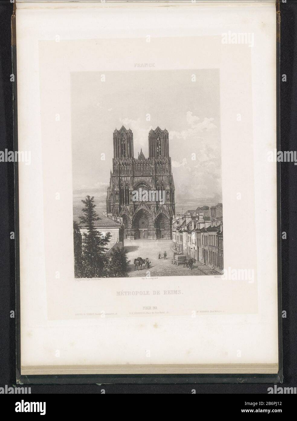 View of the Cathedral of Reims ReimsMétropole (title object) France (series title) Property Type: print page Item number: RP-F 2001-7-1540-53 Inscriptions / Brands: inscription, recto, printed: 'Rittner & Goupil Boulevd Montmartre 15'opschrift, recto, printed:' NP Lerebours Place du Pont Neuf 15'opschrift, recto, printed: 'Hr. Bossance Quai Voltaire 11' Manufacturer : printmaker: Webert (listed property) to drawing: anonymous at pictures of Noël Marie Paymal Lerebours (listed building) printer: Bougeard (listed building) Publisher: Noël Marie Paymal Lerebours (listed object ) Publisher: Rittne Stock Photo