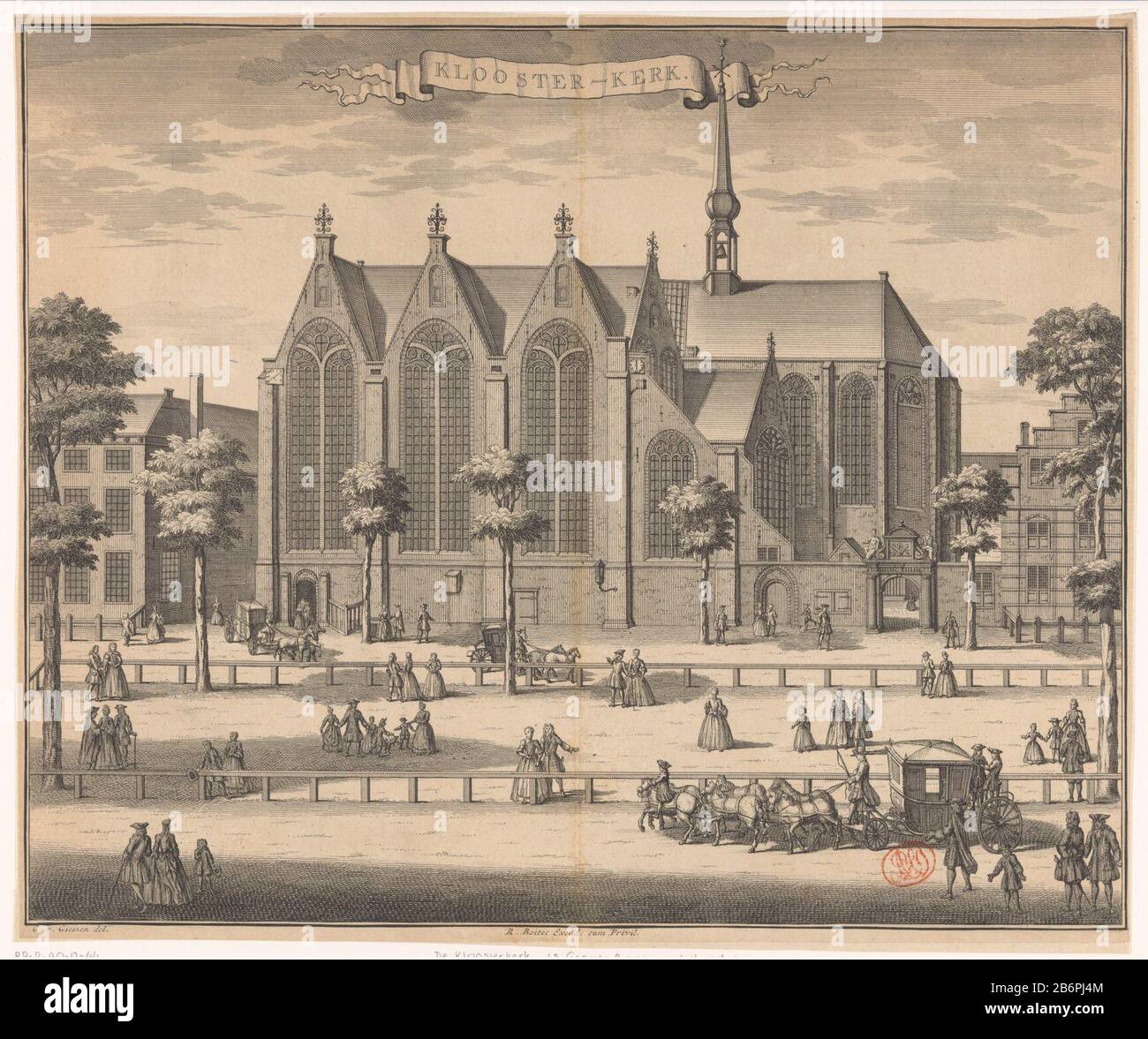 Gezicht op de Kloosterkerk te Den Haag Klooster-kerk (titel op object) View of the Monastery Church at the Lange Voorhout in the Hague. Church several figures and koetsen. Manufacturer : printmaker: anonymous to drawing: Gerrit van Giessen (listed building) publisher: Reinier Boitet (listed building) publisher: Adrianus Douci Pietersz Provider of privilege unknown (listed property) Place manufacture: to order of: The Hague Publisher: Delft Publisher: Amsterdam Date: 1730 - 1736 Material: paper Technique: engra (printing process) / etching dimensions: sheet: h 285 mm (in part within the plate e Stock Photo
