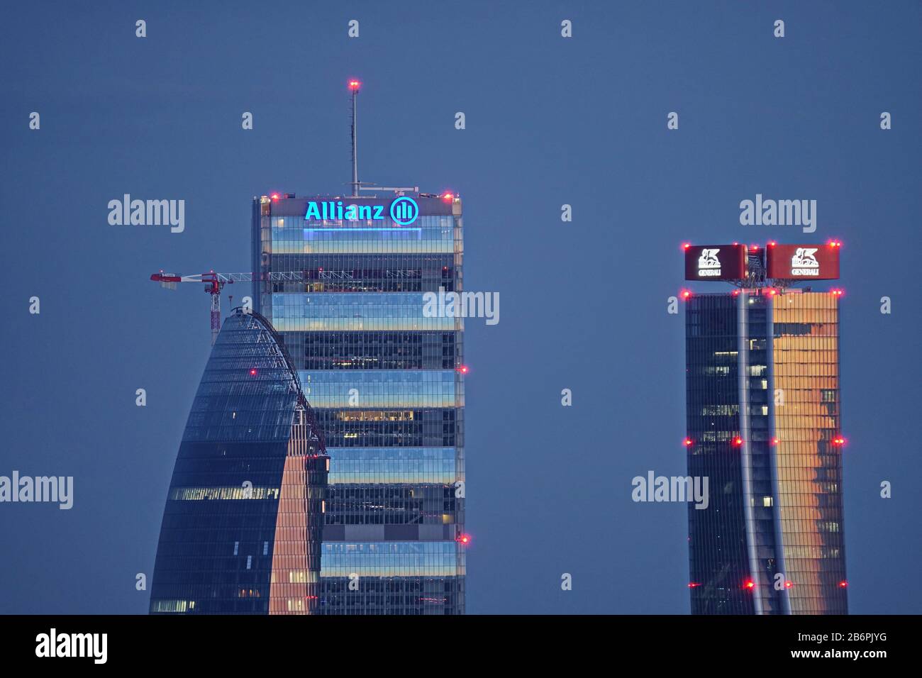 Three tower skyscrapers Generali Hadid Tower, Allianz Isozaki Tower and PWC Libeskind Tower under construction in Milan at CityLife district area.. Mi Stock Photo