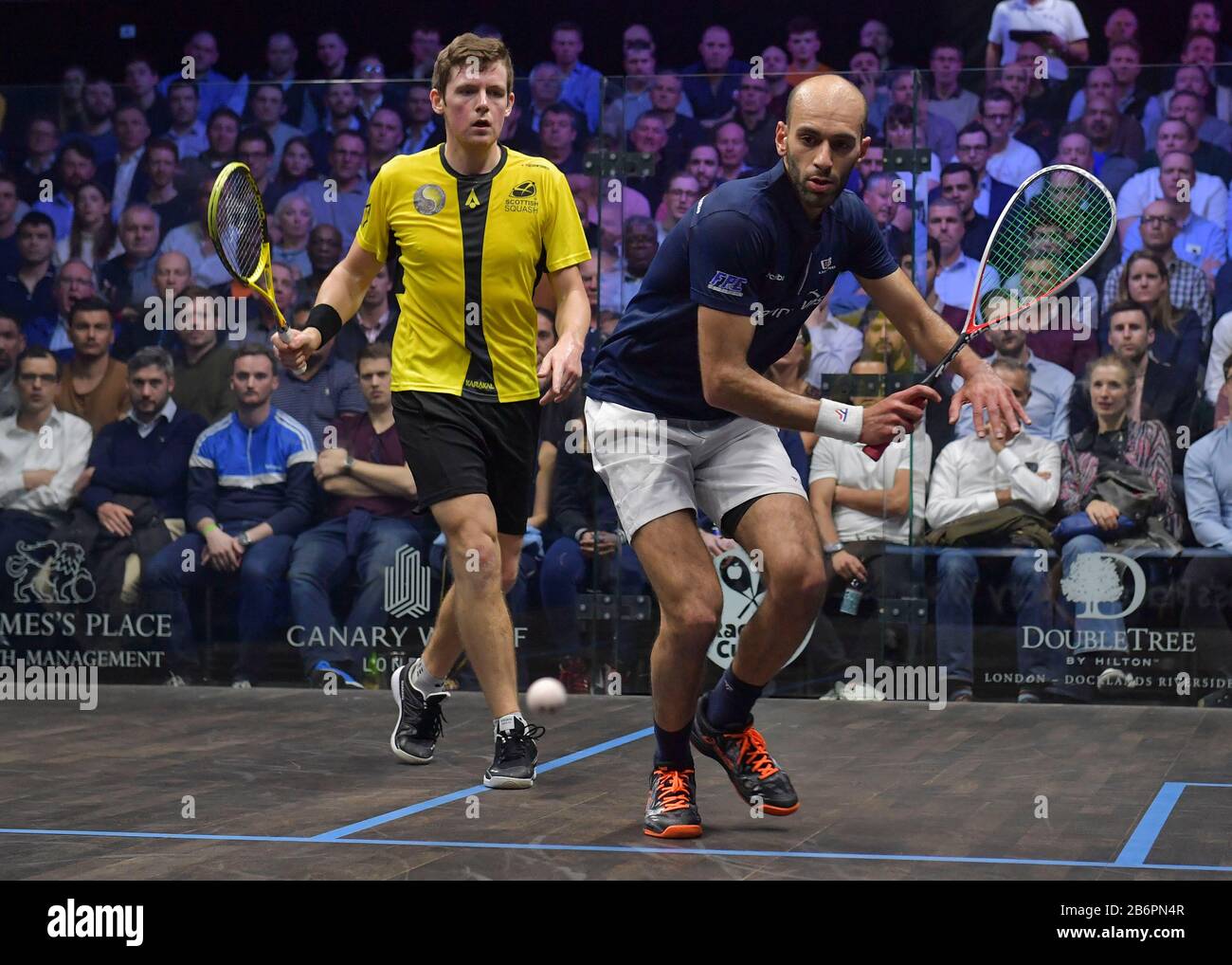 London, UK. 11th Mar, 2020. Marwan ElShorbagy (EGY) and Greg Lobban (SCO) during the Canary Wharf Squash Classic at East Wintergarden, Canary Wharf, on 11 March 2020. Photo by Vince  Mignott. Credit: PRiME Media Images/Alamy Live News Stock Photo