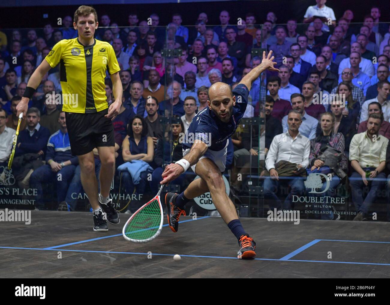 London, UK. 11th Mar, 2020. Marwan ElShorbagy (EGY) and Greg Lobban (SCO) during the Canary Wharf Squash Classic at East Wintergarden, Canary Wharf, on 11 March 2020. Photo by Vince  Mignott. Credit: PRiME Media Images/Alamy Live News Stock Photo