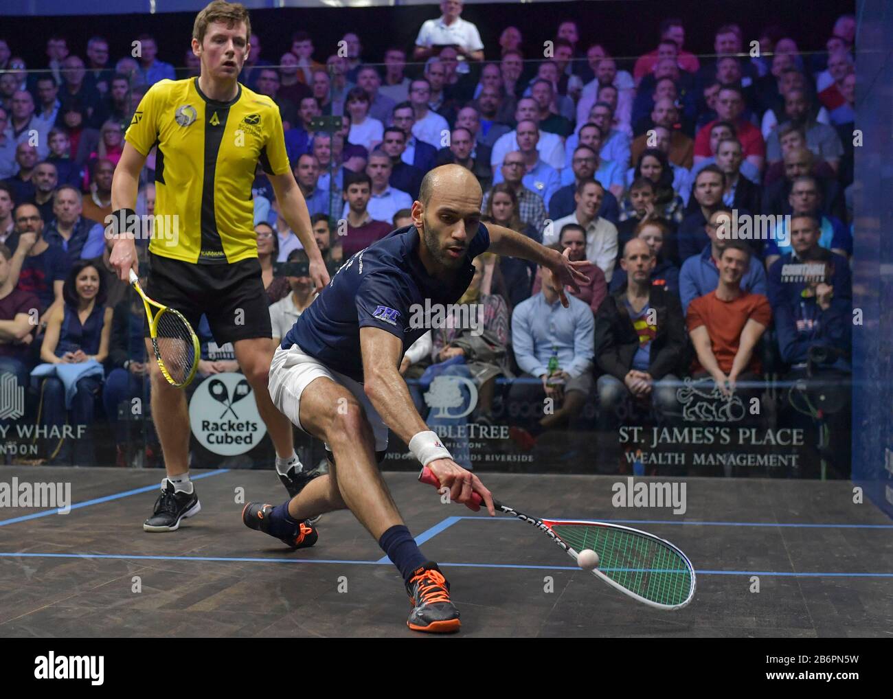 London, UK. 11th Mar, 2020. Marwan ElShorbagy (EGY) and Greg Lobban (SCO) during the Canary Wharf Squash Classic at East Wintergarden, Canary Wharf, on 11 March 2020. Photo by Vince  Mignott. Credit: PRiME Media Images/Alamy Live News Stock Photo