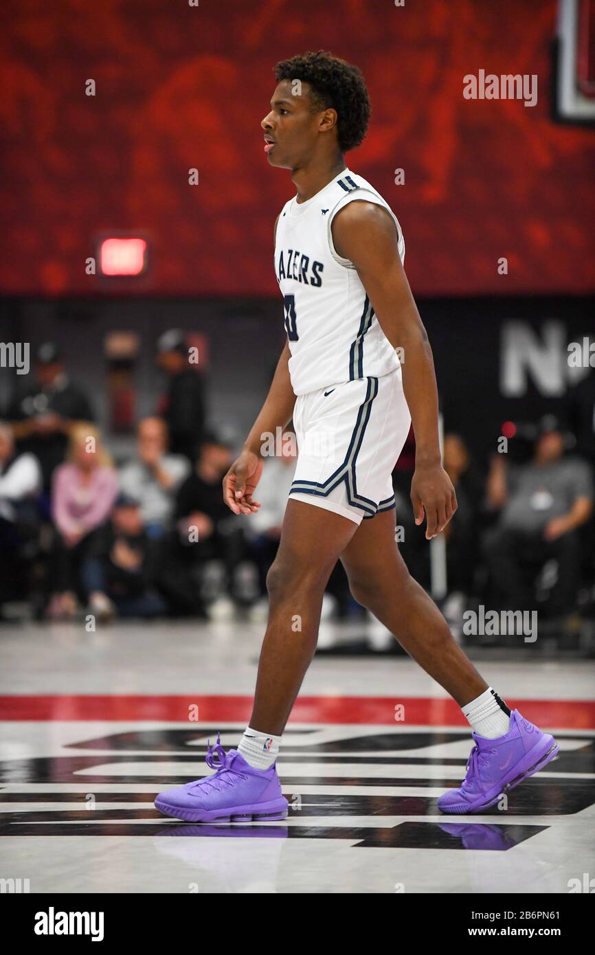 Sierra Canyon Trailblazers guard Bronny James (0) during a CIF State Open Division Southern Regional final high school basketball game against Etiwanda, Tuesday, March 10, 2020, in Northridge, Calif
