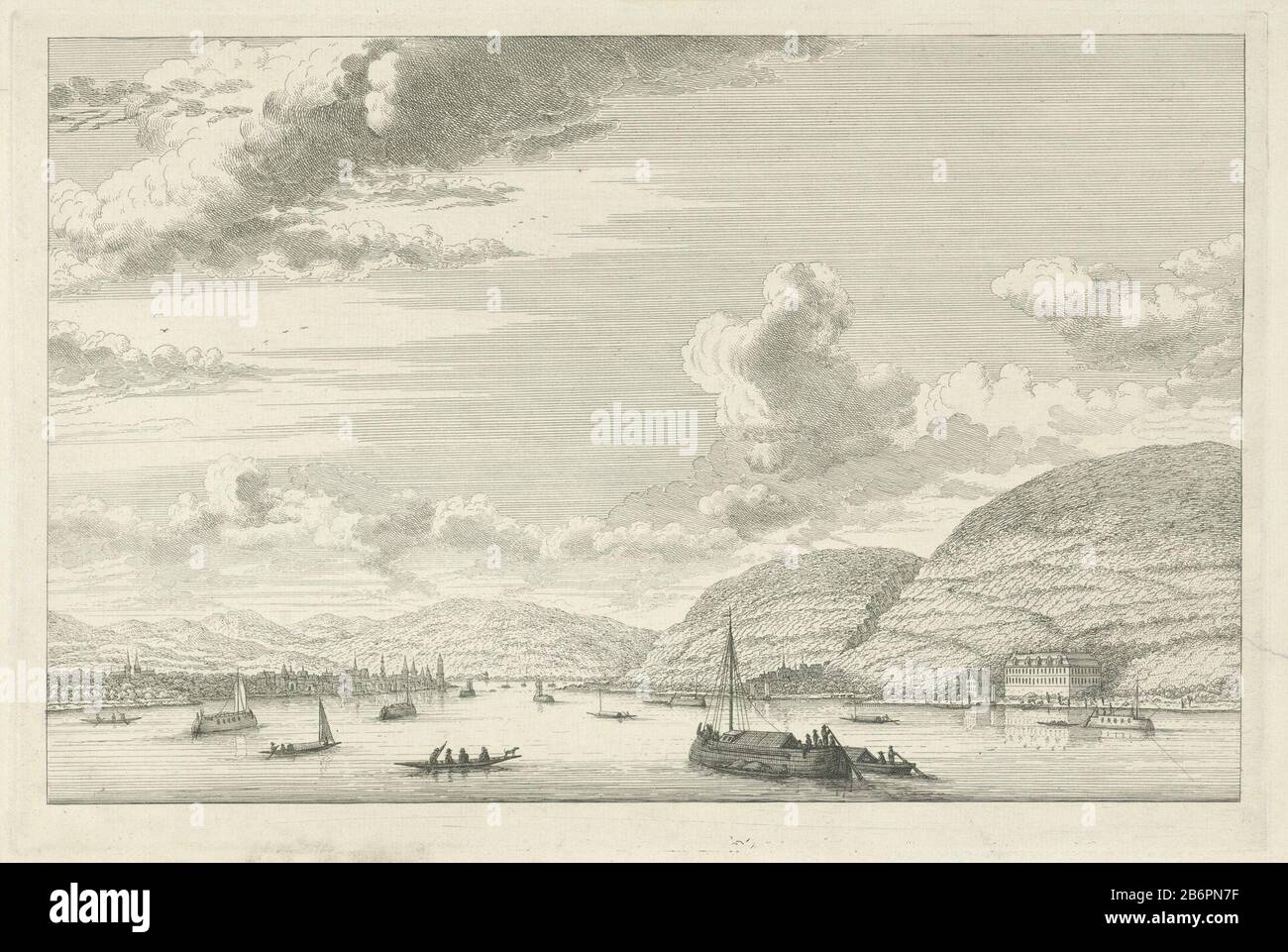 Gezicht op de Rijn nabij een stad Gezichten langs den Rhyn (serietitel) View of the Rhine near a city. To the right is a large country on the shore. The print is a part of a series of prints elfdelige with faces along the Rijn. Manufacturer : print maker: Henry the Lethnaar drawing: Cornelis Ploos van Amstel Publisher: Frederik Willem GreebePlaats manufacture: Amsterdam Date: 1767 Physical characteristics: etching; proofing material: paper Technique: etching Dimensions: plate edge: H 230 mm × W 343 mm Subject: river ships (in general) prospect of city, town panorama, silhouette of city where: Stock Photo