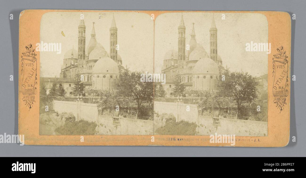 Gezicht op de Sint-Antoniusbasiliek van Padua Basilique de St Antonio il Santo a Padoue (titel op object) Vues d'Italie (serietitel op object) View of St. Anthony's Basilica PaduaBasilique St Antonio il Santo a Padua (title object) Vues d'Italie (series title object) Property Type: Stereo picture Item number: RP-F F06893 Inscriptions / Brands: No. , recto, printed: '3176'opschrift, verso, handwritten: 'No 3476 / Padua' Manufacturer : photographer: Jean Andrieu (listed building) publisher: Adolphe Block (listed property) Place manufacture: photographer: Padova Publisher: Paris Date: 1872 - 1876 Stock Photo