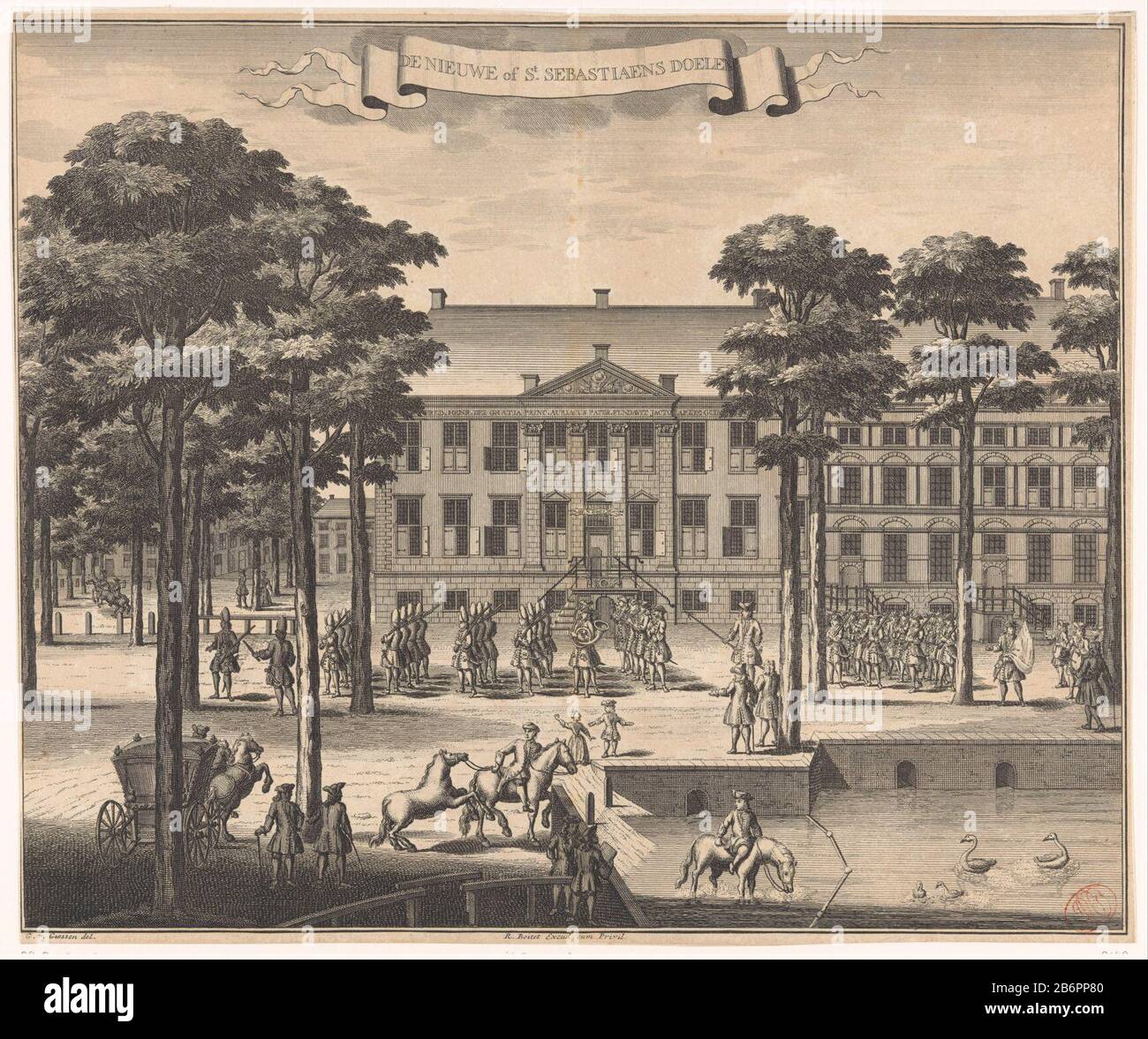 Gezicht op de Sint-Sebastiaansdoelen te Den Haag De Nieuwe of St Sebastiaens Doelen (titel op object) View of Saint Sebastian Goals, known as New Targets, on Korte Vijverberg in the Hague. The building standing archers and a few spectators. In the foreground a carriage, riders and some figuren. Manufacturer : printmaker: anonymous to drawing: Gerrit van Giessen (listed building) publisher: Reinier Boitet (listed building) publisher: Adrianus Douci Pietersz Provider of privilege unknown (listed object ) Insert preparation: to order of: The Hague Publisher: Delft Publisher: Amsterdam Date: 1730 Stock Photo