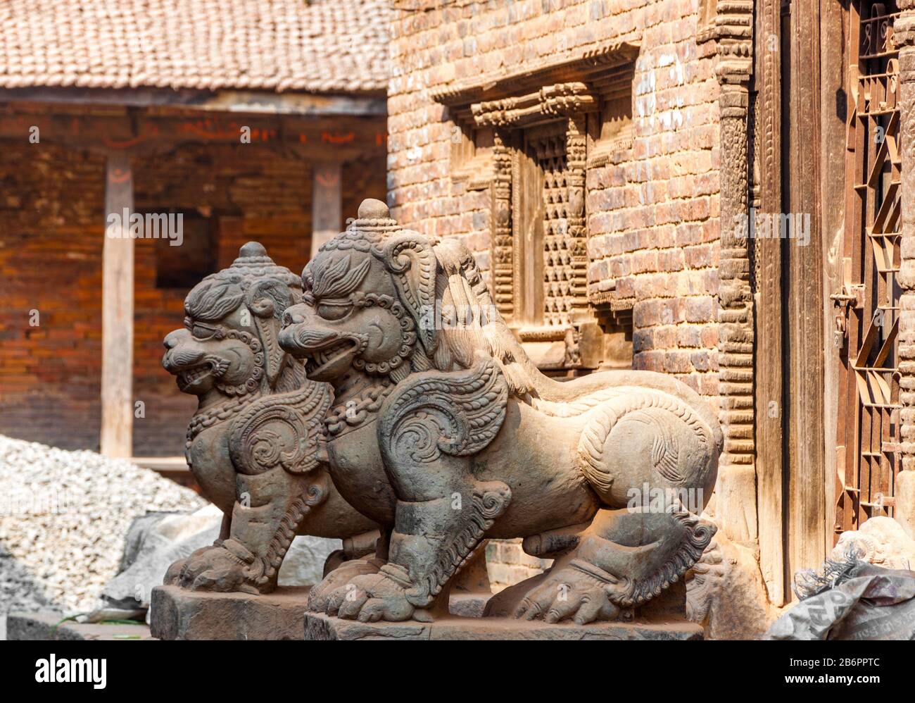 Amazing example of the woodworking and stone carving craftsmanship at Kathmandu temple Stock Photo