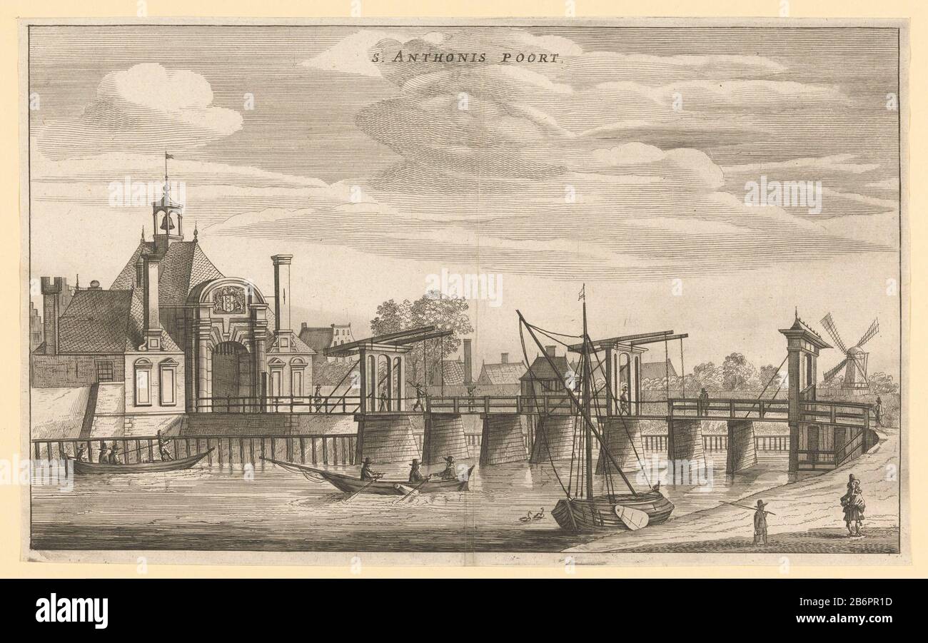 Gezicht op de Tweede Sint-Antoniespoort te Amsterdam S Anthonis Poort (titel op object) view the built in 1636 Second St. Anthony gate and the associated bridge in Amsterdam, seen from outside the city. After the Fourth Explanation and construction of the first Muiderpoort (1663) this building had its function lost as a gate. In 1670 it will be gesloopt. Manufacturer : printmaker Jacob van Meurs (possible) Publisher: Jacob van Meurs (possible) publisher: Joachim Nosche (possible) Place manufacture: Amsterdam Date: 1663 - 1664 Material: paper Technique: etching / engra (printing process) Dimens Stock Photo