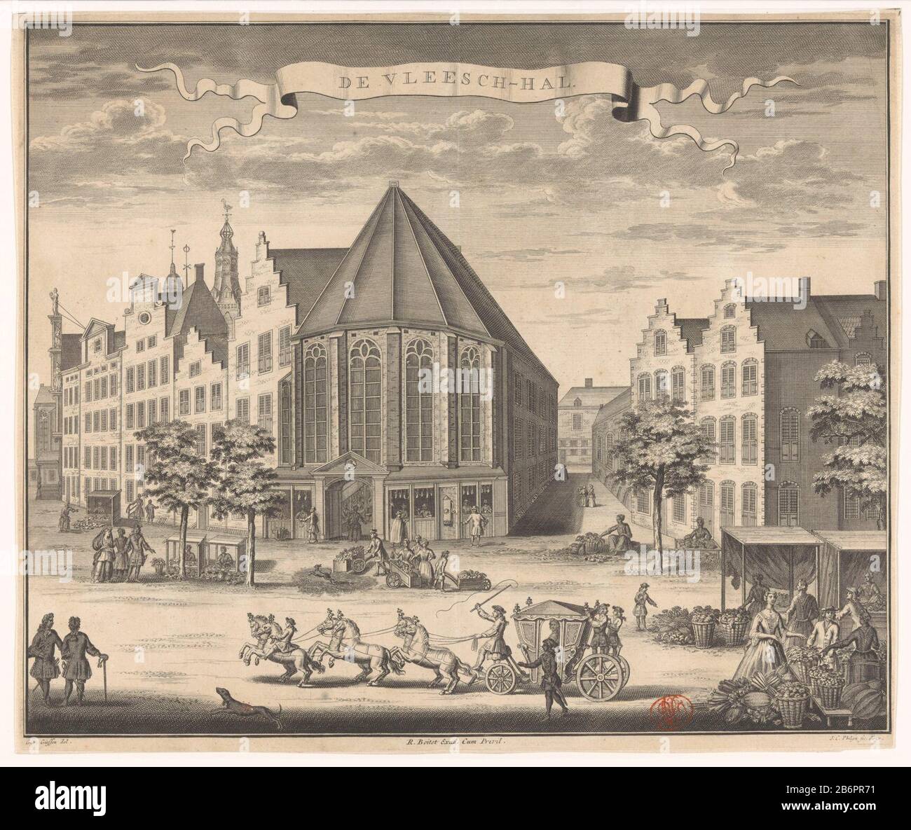Gezicht op de Vleeshal te Den Haag De Vleesch-hal (titel op object) View the Vleeshal Hague, housed in the former St. Nicholas Chapel. Various street stalls, figures and koets. Manufacturer : printmaker Jan Caspar Philips (listed building) supervision: Jan Caspar Philips (listed property) to drawing: Gerrit van Giessen (listed building) publisher: Reinier Boitet (listed object) editor: Adrian Douci Pietersz Provider of privilege unknown (listed property) Place manufacture: from drawing: The Hague Publisher: Delft Publisher: Amsterdam Date: 1730 - 1736 Material: paper Technique: etching / engra Stock Photo