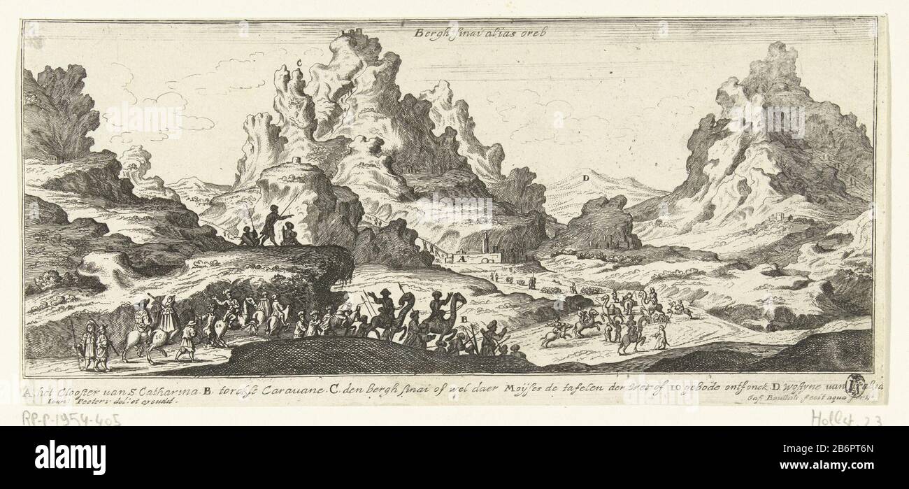 View of Mount Sinai and St. Catherine's Monastery in Sinai. In the foreground passing caravan. The picture has a caption with references to Dutch buildings and places on the prent. Manufacturer : printmaker: Gaspar Bouttats (listed property) to drawing: Jan Peeters (I) (listed building) publisher: Jan Peeters (I) (listed object) Place manufacture: Antwerp Date: 1672 Physical features: etching material: paper Technique: etching dimensions: sheet: h 116 mm × W 260 mm Subject: (high) hill where: Sinai Stock Photo