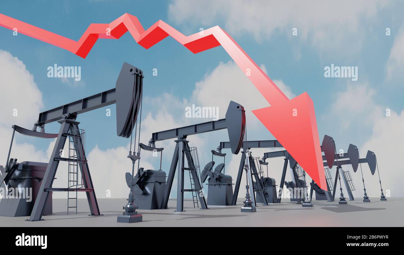 Crude oil market crash concept. Red arrow and oil pumpjack. Digital 3D render. Stock Photo