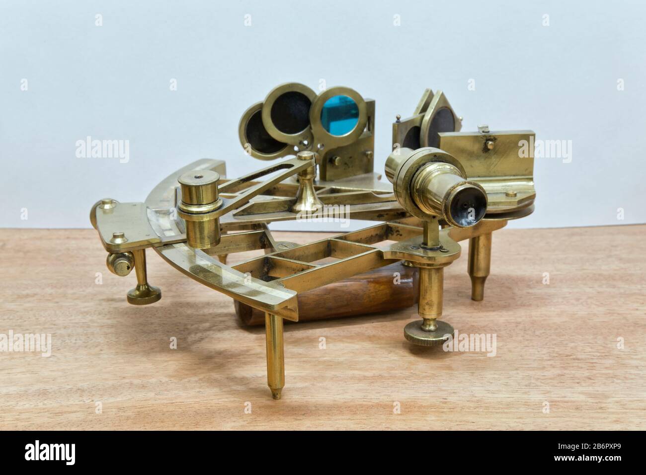 Sextant is the iconic instrument for navigation to find the longitude & latitude on sea & oceans. Stock Photo