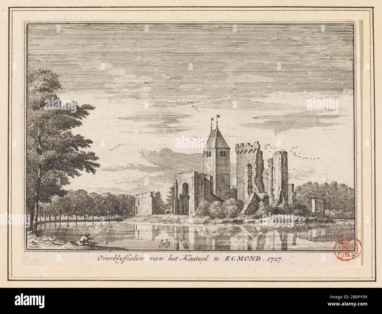 View of Castle Egmond also lock said on den Hoef Egmond aan den Hoef. The castle is shown in the situation around 1727. The castle was partially destroyed in 1573. Bottom right numbered: 6. Manufacturer : print maker: anonymous date: in or after 1727 Material: paper Technique: etching dimensions: sheet: 145 mm × H 201 b mmToelichtingZie also RP-P-AO-9A-15-2. Subject: ruin of a dwelling, house, castle, etc.castle Stock Photo