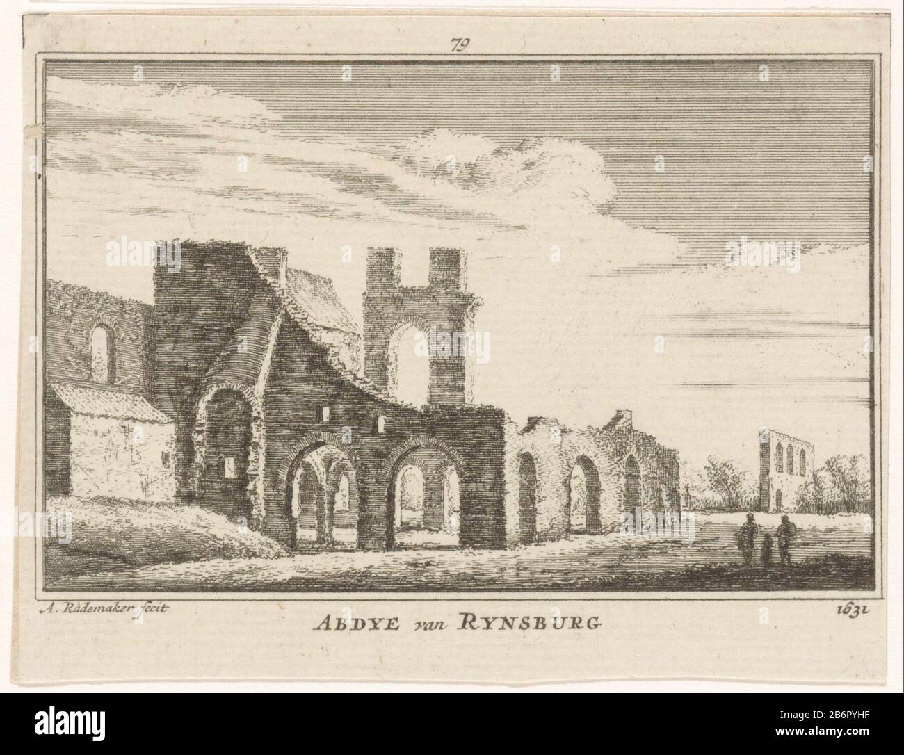 View of the ruined in 1574 ruined abbey of Rijnsburg in the situation around 1631. Manufacturer : printmaker: Abraham Rademaker (listed property) Place manufacture: Amsterdam Date: 1725 - 1803 Material: paper Technique: etching / engra ( printing process) Measurements: sheet: h 82 mm × W 107 mmToelichtingPrent also used in: Rademaker, Abraham. Cabinet Dutch outheden and faces: constant contained in 300 banks (...). 2 parts. Amsterdam: Willem Barents, 1725, vol. 1, ill. 79. After 1725, this post yet published in various reissues, published in 1727-1733, 1770-1771 and 1792-1803. Which edition th Stock Photo