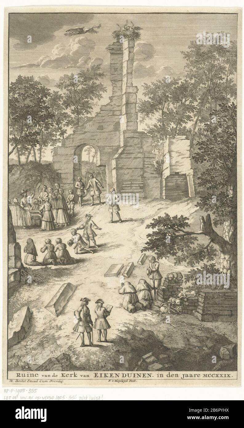 View of the ruins of Oak and Dunes church demolished in 1580 a former hamlet located in the dunes between Loosduinen and the Hague, in the year 1729. the place is visited by pilgrims and there will be a burial place. The remains of the church has a stork made a nest and three young gevoed. Manufacturer : printmaker: François Bleys Wyck (listed building) publisher: Reinier Boitet (listed building) publisher: Adrianus Douci Pietersz Provider of privilege: unknown (reported on object) Place manufacture: print maker: Leiden Publisher: Delft Publisher: Amsterdam Date: 1729 - 1736 Material: paper Te Stock Photo