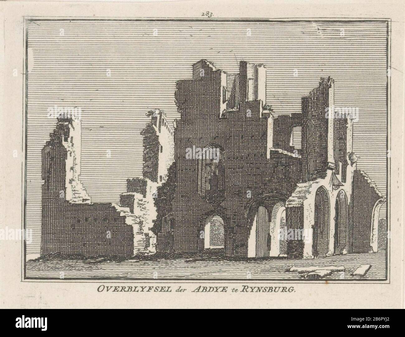 View of the ruin of the in 1574 ruined abbey to Rijnsburg. Manufacturer : print maker: Hendrik Spilmannaar drawing of: Cornelis Pronk Place manufacture: Haarlem Date: 1750 - 1792 Material: paper Technique: etching / engra (printing process) Measurements: sheet: h 84 mm (cut at inner plate frame) panel edge b 108 mmToelichtingPrent also used in: The Netherlands verheerlykt or cabinet of present-day visions of cities, villages (...). 9 parts. Amsterdam: Isaak Tirion and widow Isaak Tirion, 1745-1774, Vol. 3 (1750), ill. 283. Or: Dutch scenes; or one neat collection of nine hundred Fraaije vision Stock Photo
