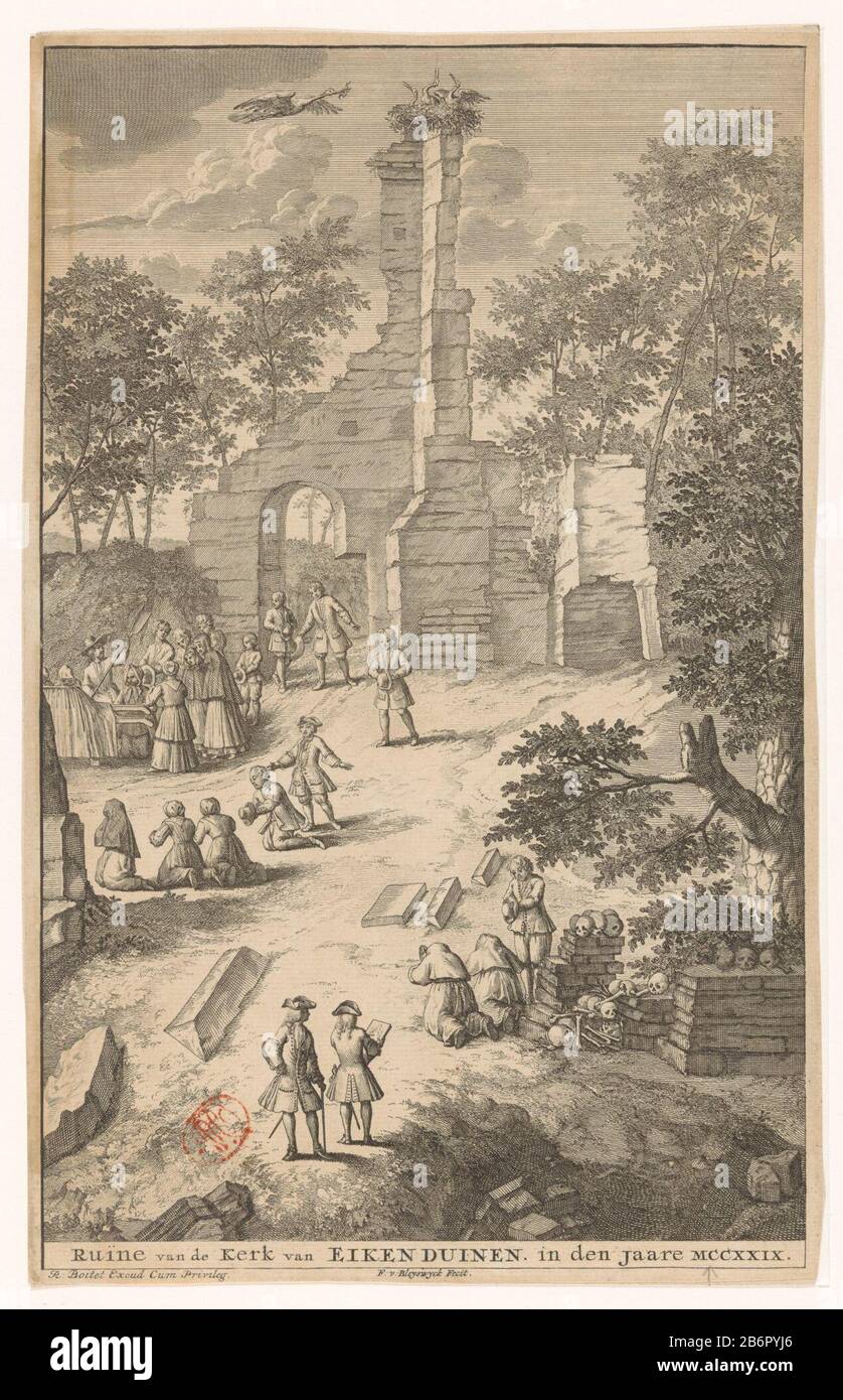 View of the ruins of the church demolished in 1580 from Oak and dunes, a former hamlet located in the dunes between Loosduinen and the Hague, in the year 1729. the place is visited by pilgrims and there will be a burial place. The remains of the church has a stork made a nest and three young gevoed. Manufacturer : printmaker: François Bleys Wyck (listed building) publisher: Reinier Boitet (listed building) publisher: Adrianus Douci Pietersz Provider of privilege: unknown (reported object) Place manufacture: printmaker: Leiden Publisher: Delft Publisher: Amsterdam Date: 1729 - 1736 Material: pa Stock Photo