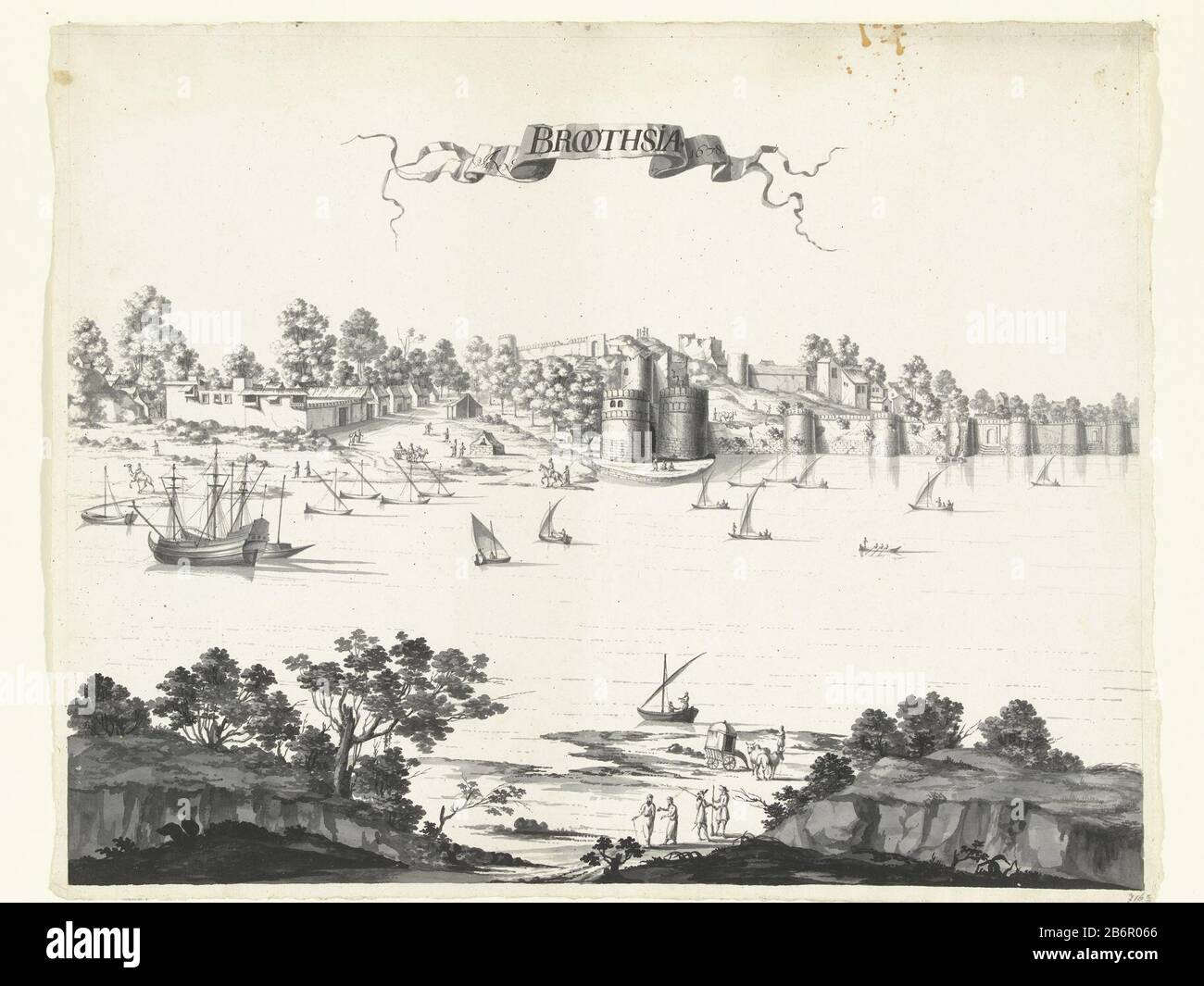 Gezicht op de stad Bharuch, ten noorden van Surat Broothsia (titel op object) Gezichten in India uit de jaren 1678-1679 (serietitel) View of the city of Bharuch, north of SuratBroothsia (title object) Faces in India from the years 1678 to 1679 (series title) Property Type: drawing Serial: 1/5 Item number:? RP-T 1969-1 Manufacturer : artist: anonymous date: 1678 Physical features: brush in black and gray material: paper Technique: brush dimensions: h 422 mm × W 525 mm Subject: prospect of city, town panorama, silhouette of cityharbourgeographical names of countries, regions, mountains, rivers, Stock Photo