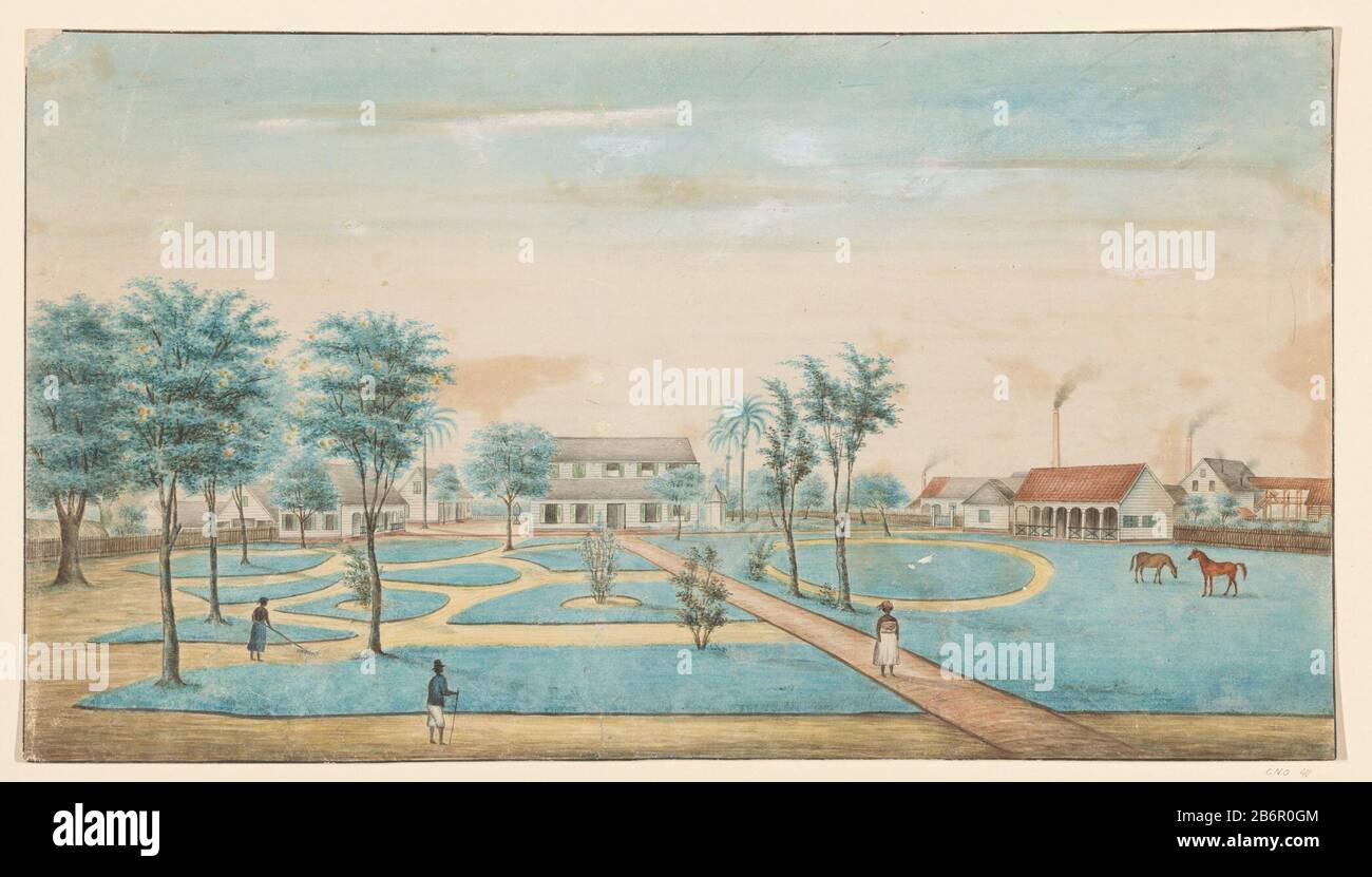 Gezicht op de suikerplantage Catharina Sophia View of the garden associated with the plantation. On the right is a fabriek. Manufacturer : artist: Alexander Ludwig Brockmann Place manufacture: Suriname Date: approx 1860 Physical features: paintbrush in colors with pen in brown material: paper watercolor ink Technique: brush / pen Dimensions: H 355 mm × W 633 mm Subject: plantation factory-building horse where: Suriname Saramacca Catharina Sophia Stock Photo