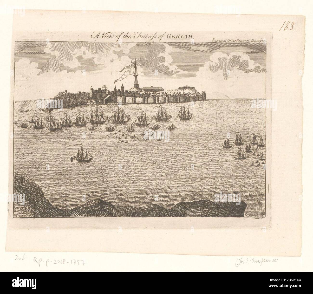 Gezicht op een Engelse vloot voor fort Geriah A view of the fortress of Geriah (titel op object) View of an English fleet fort GeriahA view of the fortress of Geriah (title object) Object type: picture Item number: RP-P-2018-1757 Inscriptions / Brands: collector's mark, verso, stamped: Lugt 2228 Manufacturer : printmaker: Simpson (listed building) client: Imperial Magazine (listed property) Date: on or after approx 1819 Material: paper Technique: etching dimensions: plate edge: h 175 mm × W 234 mm Subject: fortress where India Stock Photo