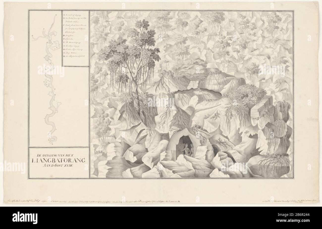 Gezicht op een bergachtig gebied met een grot De uitgang van het Liangbatorang aan d'oost zyde (titel op object) View of a mountainous area with a cave that served as a starting for the Liangbatorang. In the cave are depicted two figures, possibly Whyt and Thomas John Michel Aubert. Left a map of the grot. Manufacturer : artist: J.G. Lots (possible) Dated: in or after ca. 1749 Physical characteristics: pen or brush in black material: paper Ink Technique: brush / pen Dimensions: sheet: h 444 mm × W 693 mm Subject: landscapes in tropical and sub-tropical regions, where: Maros Stock Photo