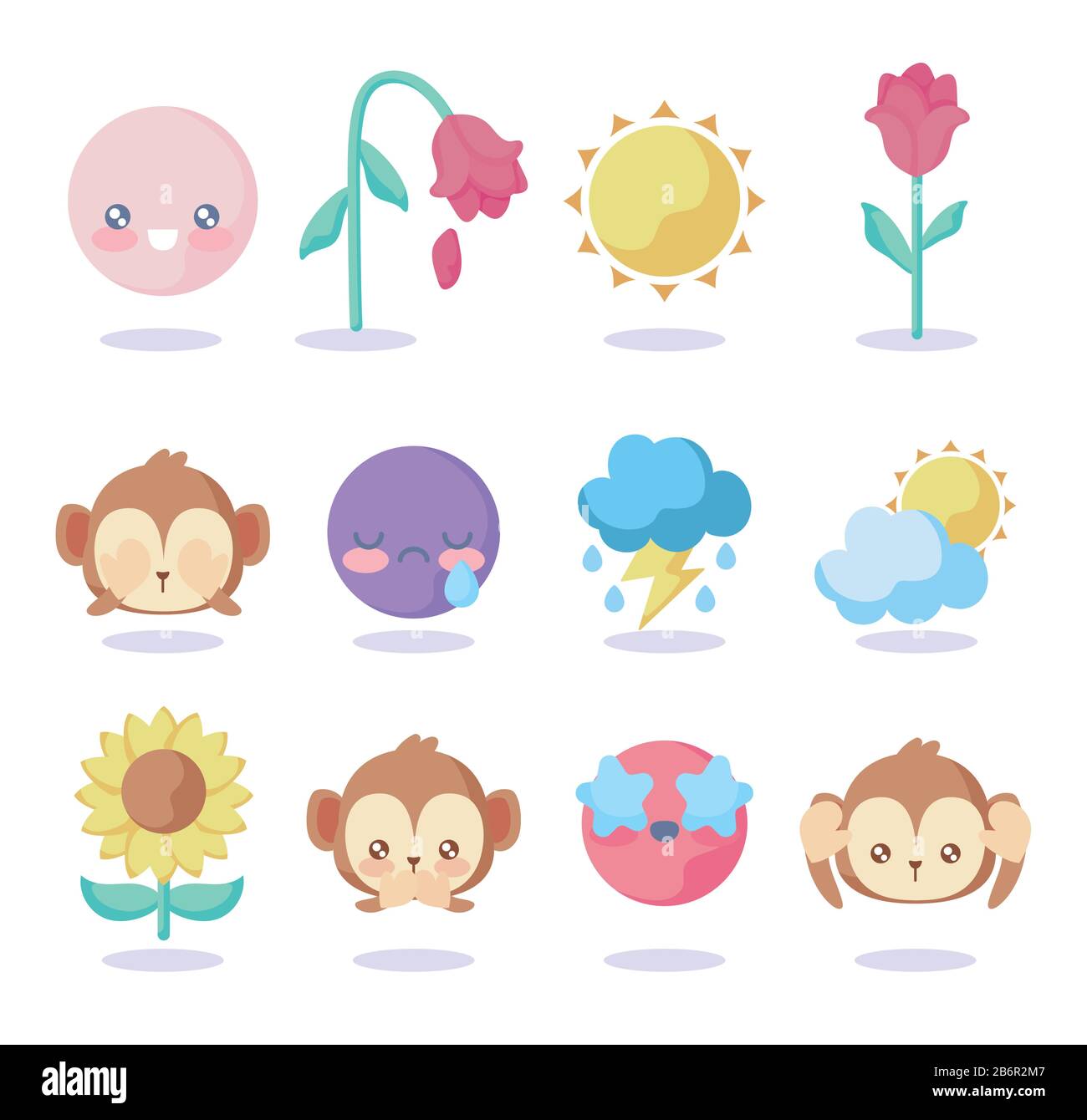 cute monkeys and emojis icon set over pink background, vector illustration Stock Vector Image