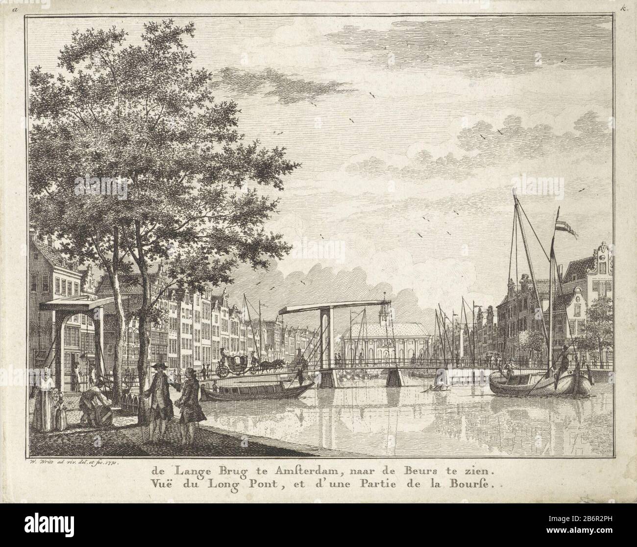 Gezicht op een brug bij het Rokin te Amsterdam de Lange Brug te Amsterdam, naar de Beurs te zien (titel op object) View of a bridge at the Rokin in Amster Dammed Long Bridge in Amsterdam, see the Stock Exchange. (Title object) Object type: picture Item number: RP-P-1911-3591 Inscriptions / Brands: collector's mark, verso, stamped: Lugt 2228 Manufacturer : printmaker Willem Writs (listed property) to drawing: Willem Writs (listed building) Dating : 1770 Physical characteristics: etching material: paper Technique: etching dimensions: plate edge: h 161 mm × W 201 mm Subject: bridge where: Amsterd Stock Photo