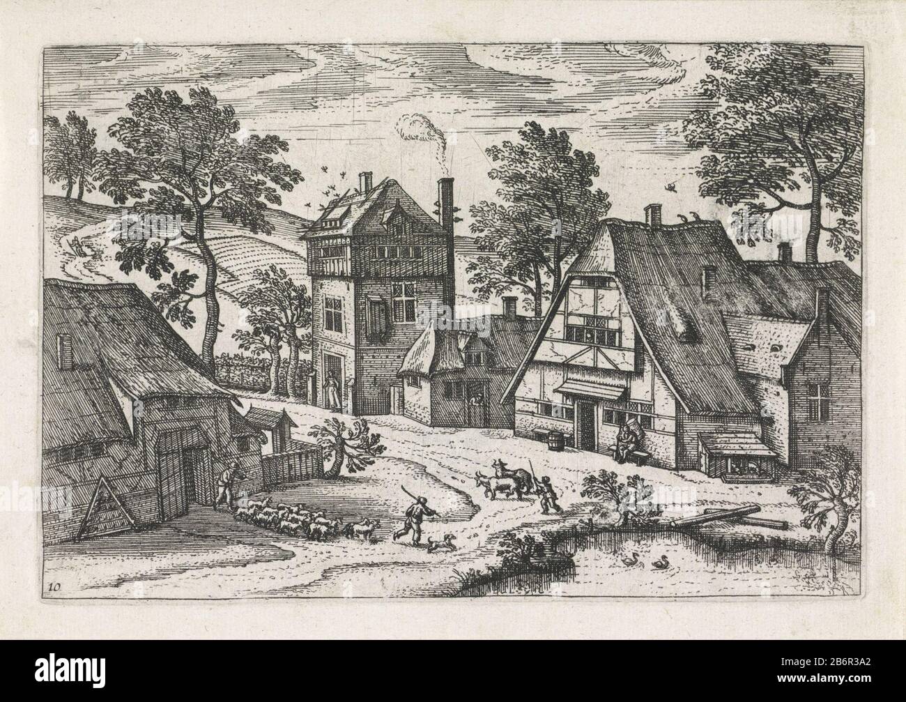 Gezicht op een dorp Kleine landschappen (serietitel) View of a village consisting of a few farms. In the foreground left shepherds with a herd. Right in the foreground a poel. Manufacturer : printmaker Pieter van der Borcht (I) to a design by Pieter van der Borcht (I) Publisher: John Gall Place manufacture: Antwerp Date: 1601 and / or 1610 - 20-Dec-1676 Physical features : etching material: paper Technique: etching dimensions: plate edge: h 137 mm × W 202 mmToelichtingDeze print by publisher Philip Galle added to the series of small landscapes, which is engraved by the brothers of Doetecum to Stock Photo