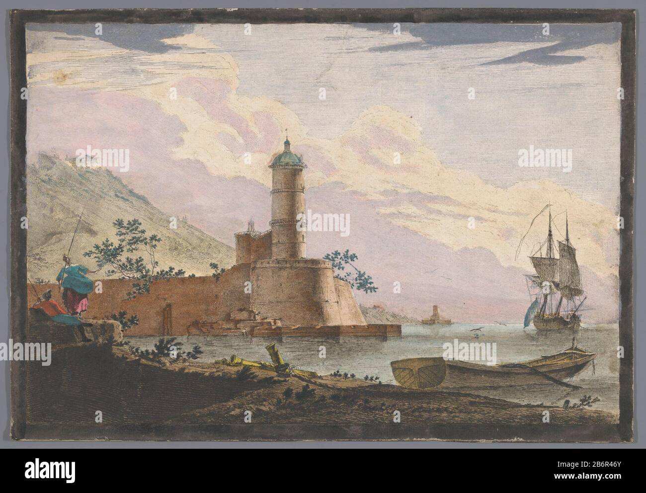 Gezicht op een haven met een toren aan de waterkant View of a harbor with a tower on the waterfront property type: print optics picture Item number: RP-P-1921-703 Inscriptions / Brands: collector's mark, verso center, stamped: Lugt 2233 Manufacturer : Publisher: anonymous printmaker: anonymous Date: 1700 - 1799 Physical characteristics: Colored etching stuck on cardboard material: paper carton watercolor Technique: etching / brush dimensions: sheet: h 325 mm (cut off) × W 468 mm (cut off)  Subject: sea (seascape) (+ landscape with figures, staffage) harbourrowing-boat , canoe, etc.sailing-ship Stock Photo