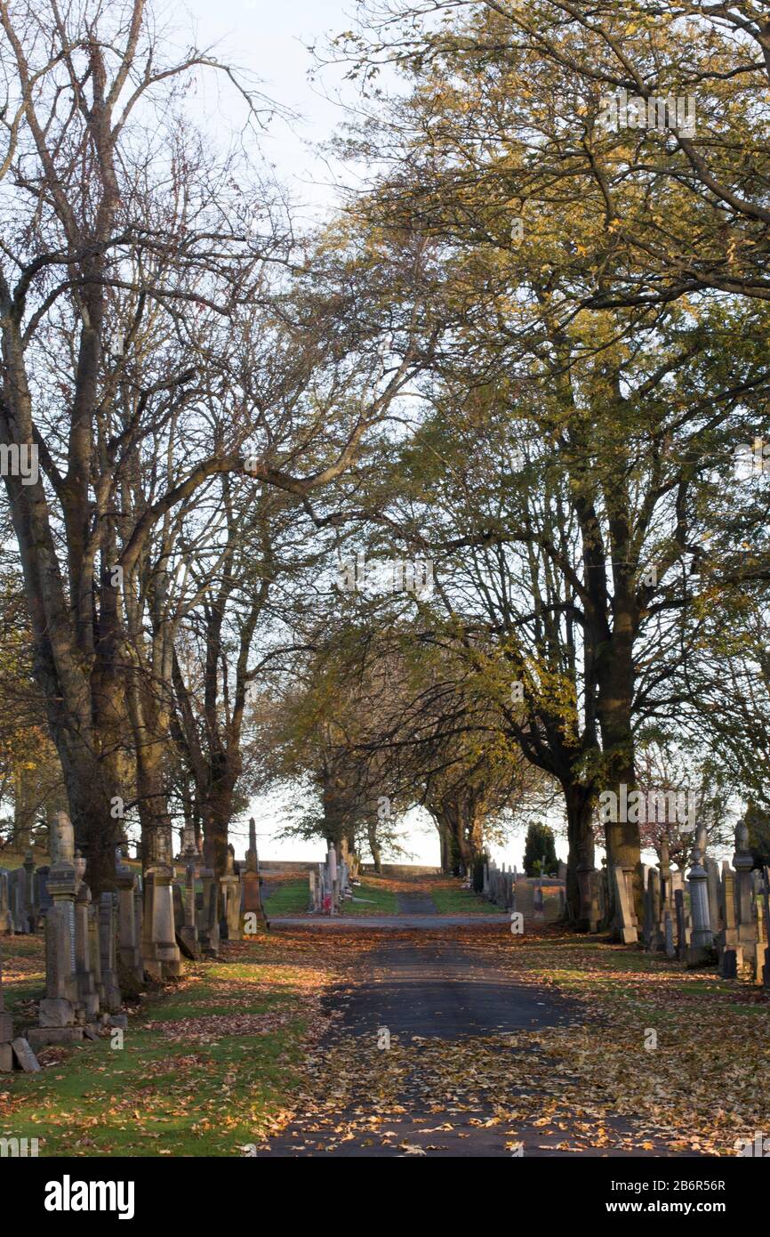 A grave stones in a graveyard at sunset on halloween, late October in Scotland Stock Photo