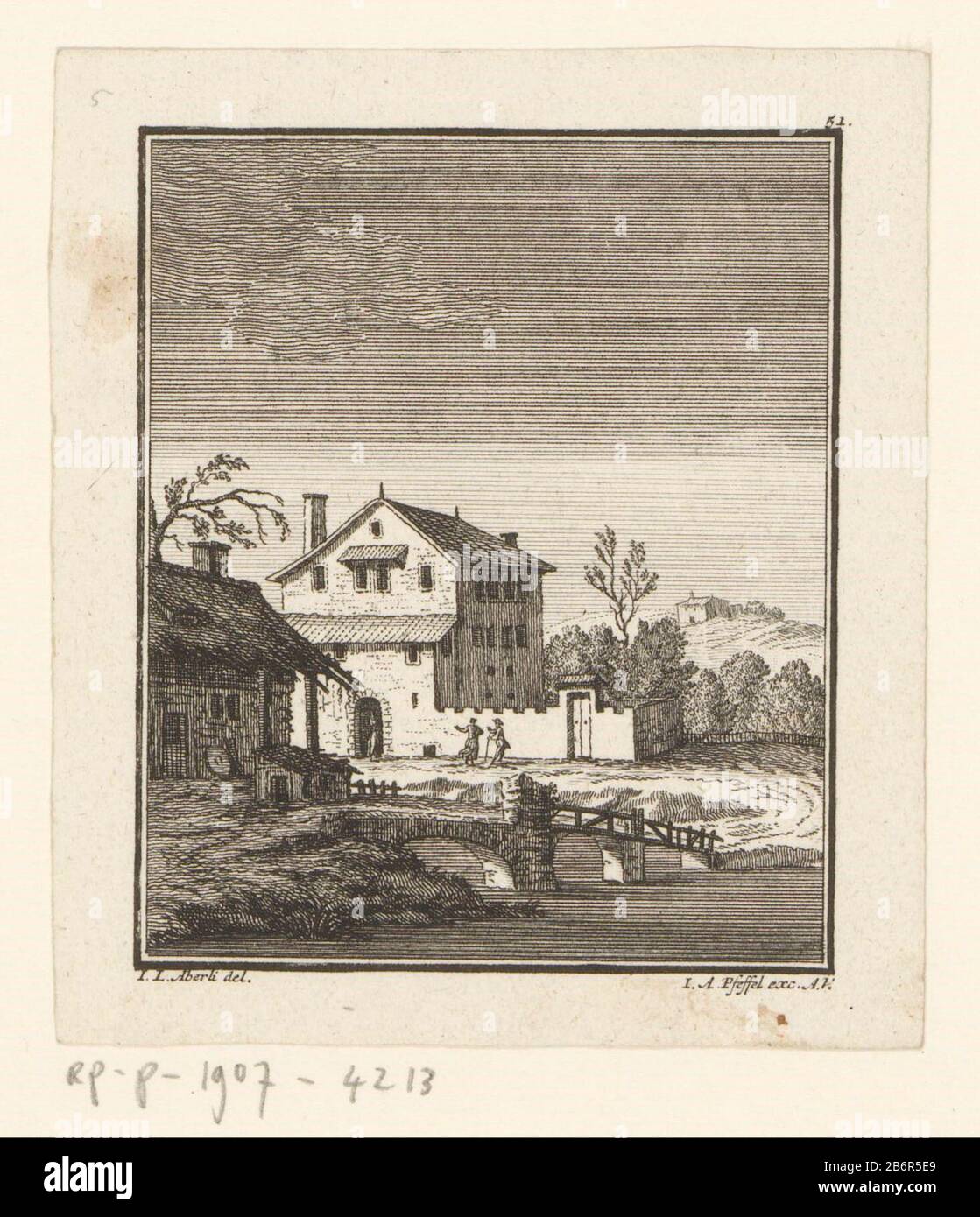 Gezicht op een landhuis Top Right-printed 51. Manufacturer : printmaker Johann Andreas Pfeffel (der Jüngere) (shown on object) to drawing of: Johann Ludwig Aberli (indicated on object) Date: 1733 - 1786 Physical characteristics: etching material: paper Technique: etching dimensions: sheet: h 111 mm (cut off within the plate edge) × W 98 mm (within the plate edge cut)  Subject: cityscapes and landscapes with human structures and Stock Photo