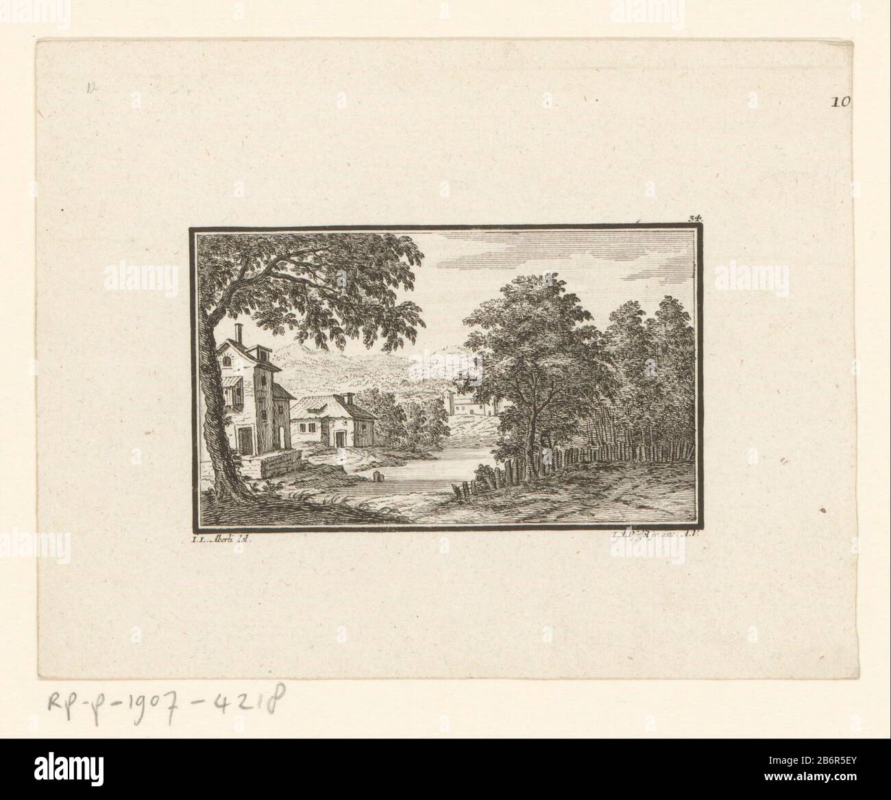 Gezicht op een landhuis Top Right-printed 34. Manufacturer : printmaker Johann Andreas Pfeffel (der Jüngere) (shown on object) to drawing of: Johann Ludwig Aberli (indicated on object) Date: 1725 - 1768 Physical characteristics: etching material: paper Technique: etching dimensions: sheet: h 118 mm (cut off within the plate edge) × W 152 mm (within the plate edge cut)  Subject: cityscapes and landscapes with human structures and Stock Photo