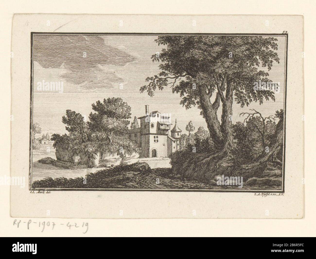 Gezicht op een landhuis Top Right-printed 53. Manufacturer : printmaker Johann Andreas Pfeffel (der Jüngere) (shown on object) to drawing of: Johann Ludwig Aberli (indicated on object) Date: 1725 - 1768 Physical characteristics: etching material: paper Technique: etching dimensions: sheet: h 114 mm (cut off within the plate edge) × W 164 mm (within the plate edge cut)  Subject: cityscapes and landscapes with human structures and Stock Photo