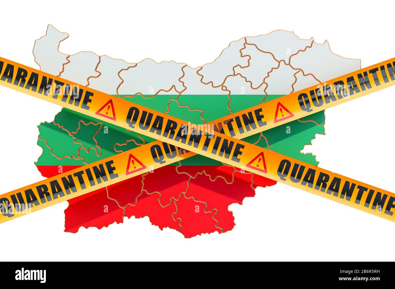 Quarantine in Bulgaria concept. Bulgarian map with caution barrier tapes, 3D rendering isolated on white background Stock Photo