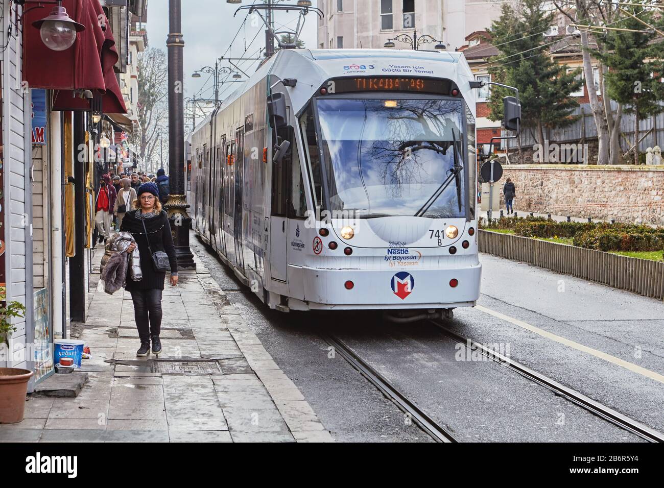 Istanbul, Turkey - February 11, 2020: City public transport Bombardier Flexity Swift tram in the European part of Istanbul. Tramway in the tourist are Stock Photo
